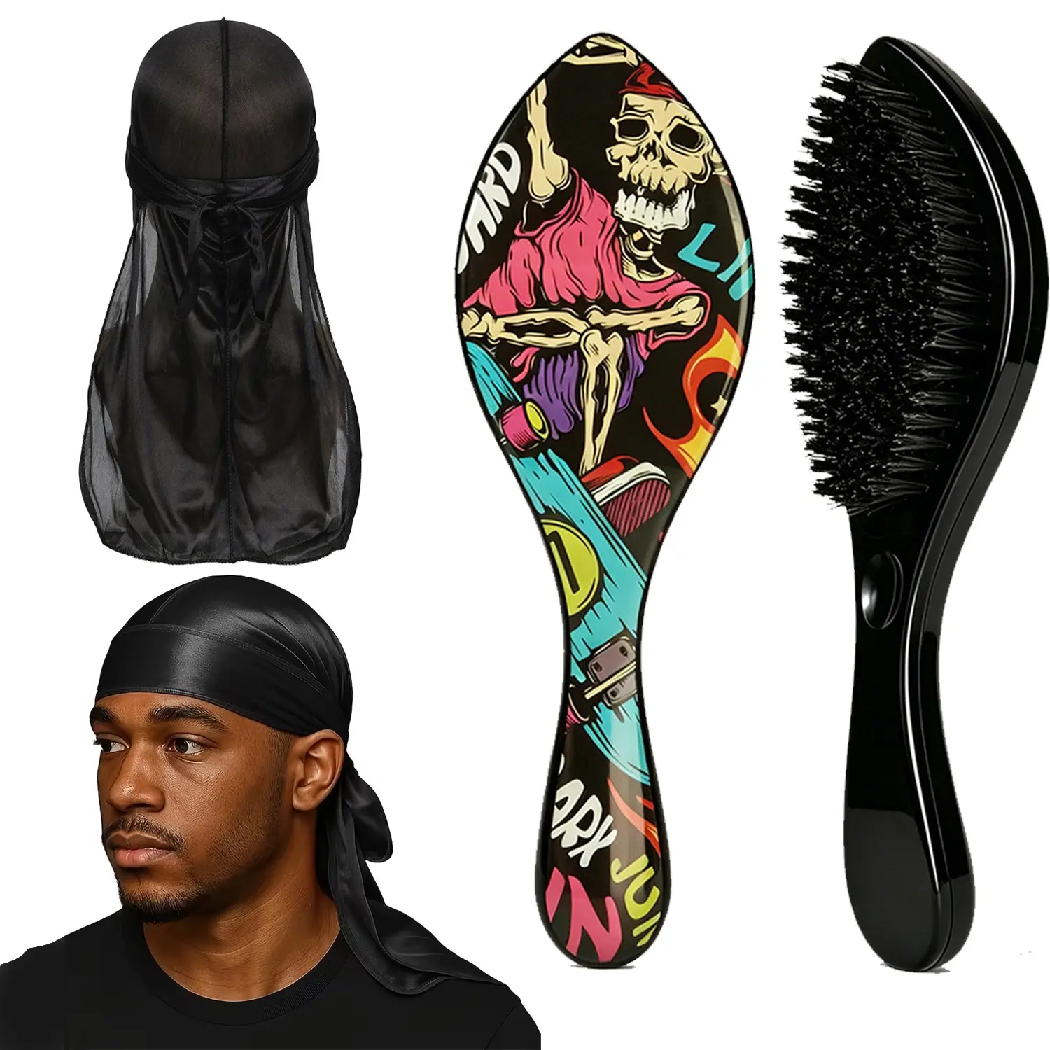 360 Wave Brush & Mesh Long Tail Durag Set – Soft Bristle Wave Brush for Wave Training, Hair Compression, Curl Maintenance & Daily Grooming, Brush for Curly Hair