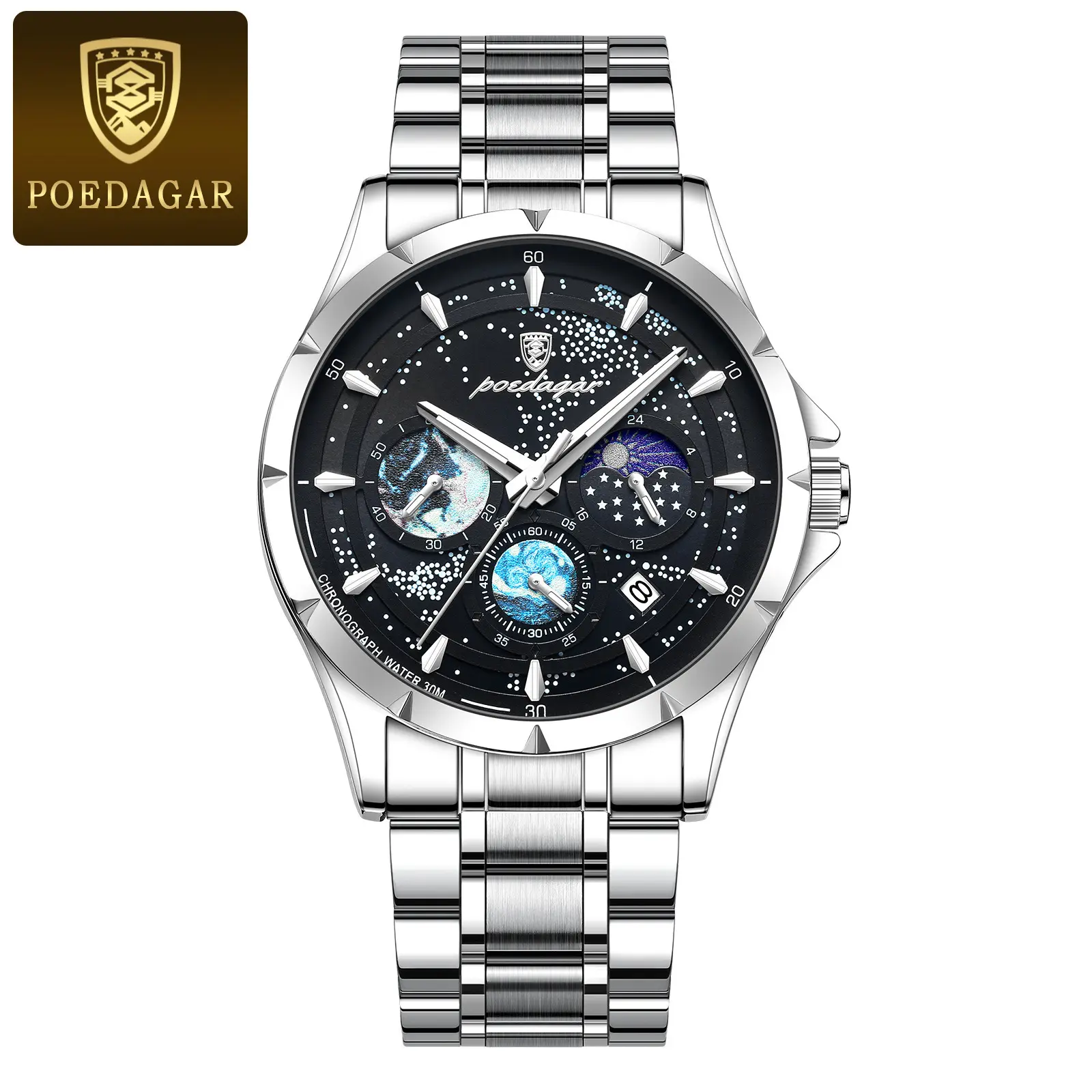 916 silver case with black dial and steel strap