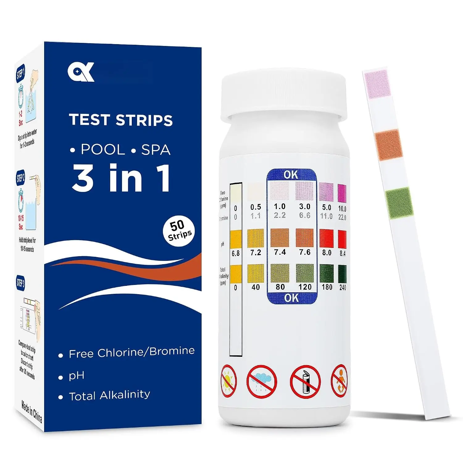Pool Test Strips - 3-in-1 Pool Water Testing Kit for Chlorine/Bromine, pH, Alkalinity - Easy and Accurate Hot Tub Test Strips for Swimming Pools & Spas - 50 Strips