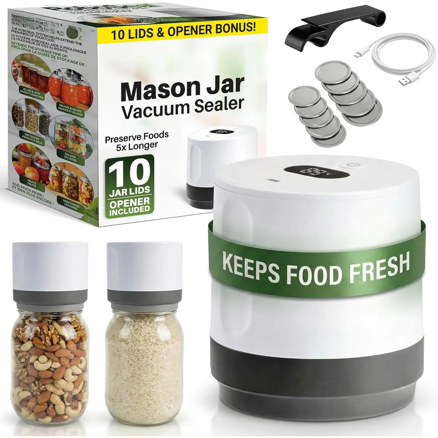 Electric Mason Jar Vacuum Sealer Kit with 10 Lids, Works on Wide & Regular Mouth for Canning Food, Auto Stop One Touch Operation, Digital Battery Indicator, Jar Opener Included