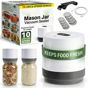 Electric Mason Jar Vacuum Sealer Kit with 10 Lids, Works on Wide & Regular Mouth for Canning Food, Auto Stop One Touch Operation, Digital Battery Indicator, Jar Opener Included