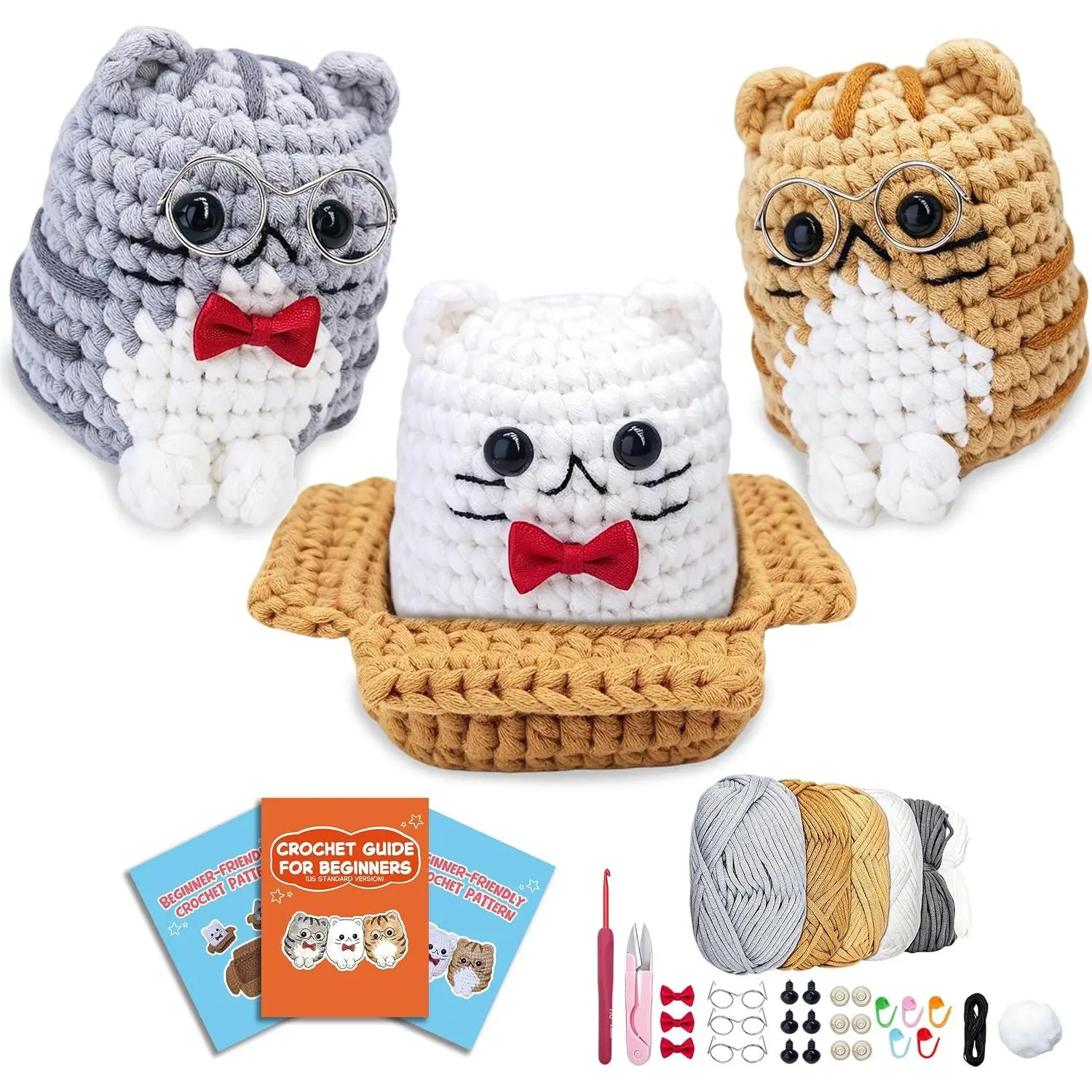 Crochet Kit for Beginners Adults Complete Starter Cats  | Easy Knitting Amigurumi  DIY Art Supplies Set with Yarn Hook Step-by-Step Video Tutorials  Office Decoration Gifts