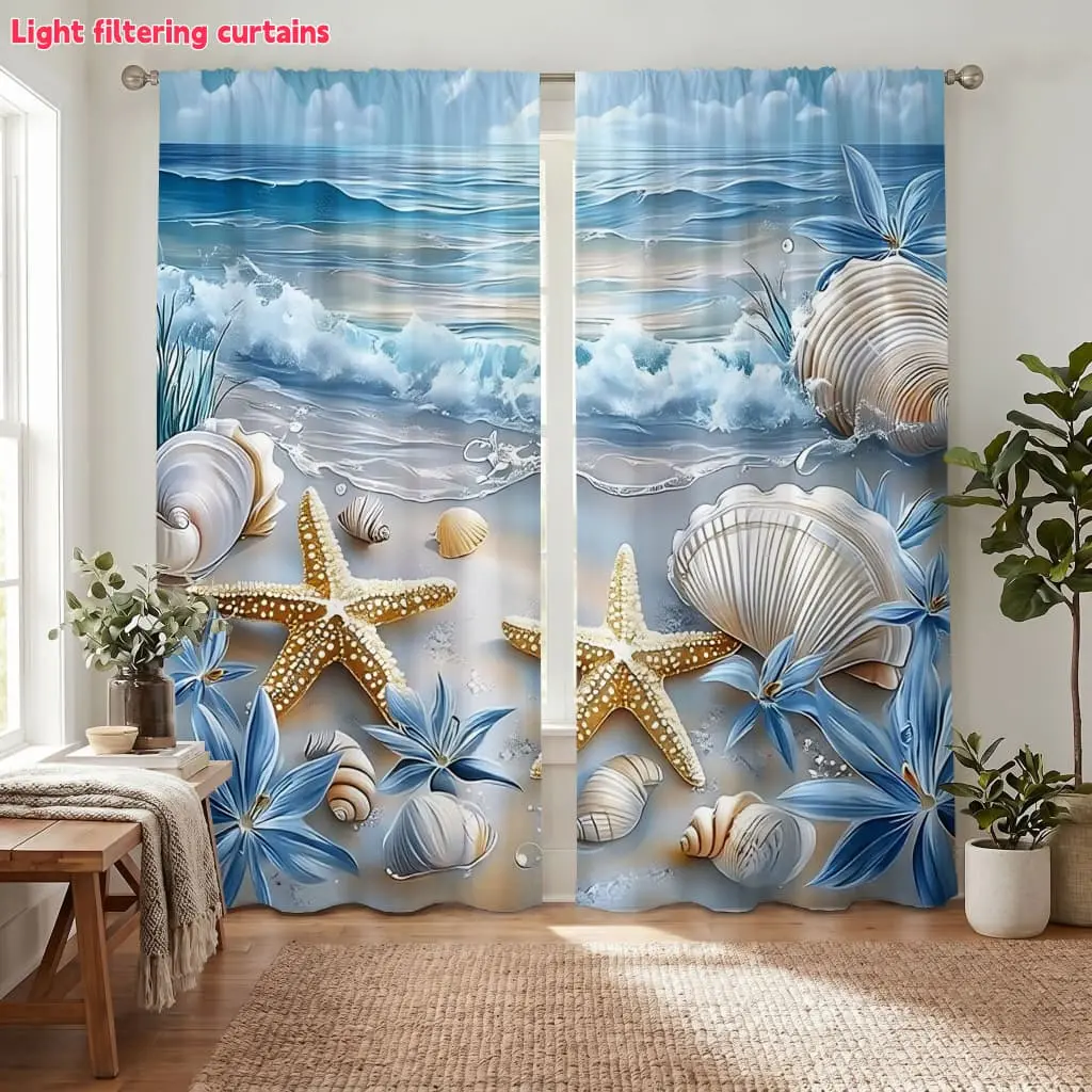2Pcs Beach Seashell Starfish Curtains, Ocean Wave Scene Print, Light Filtering, Decorative for Living Room Bedroom Home Decor