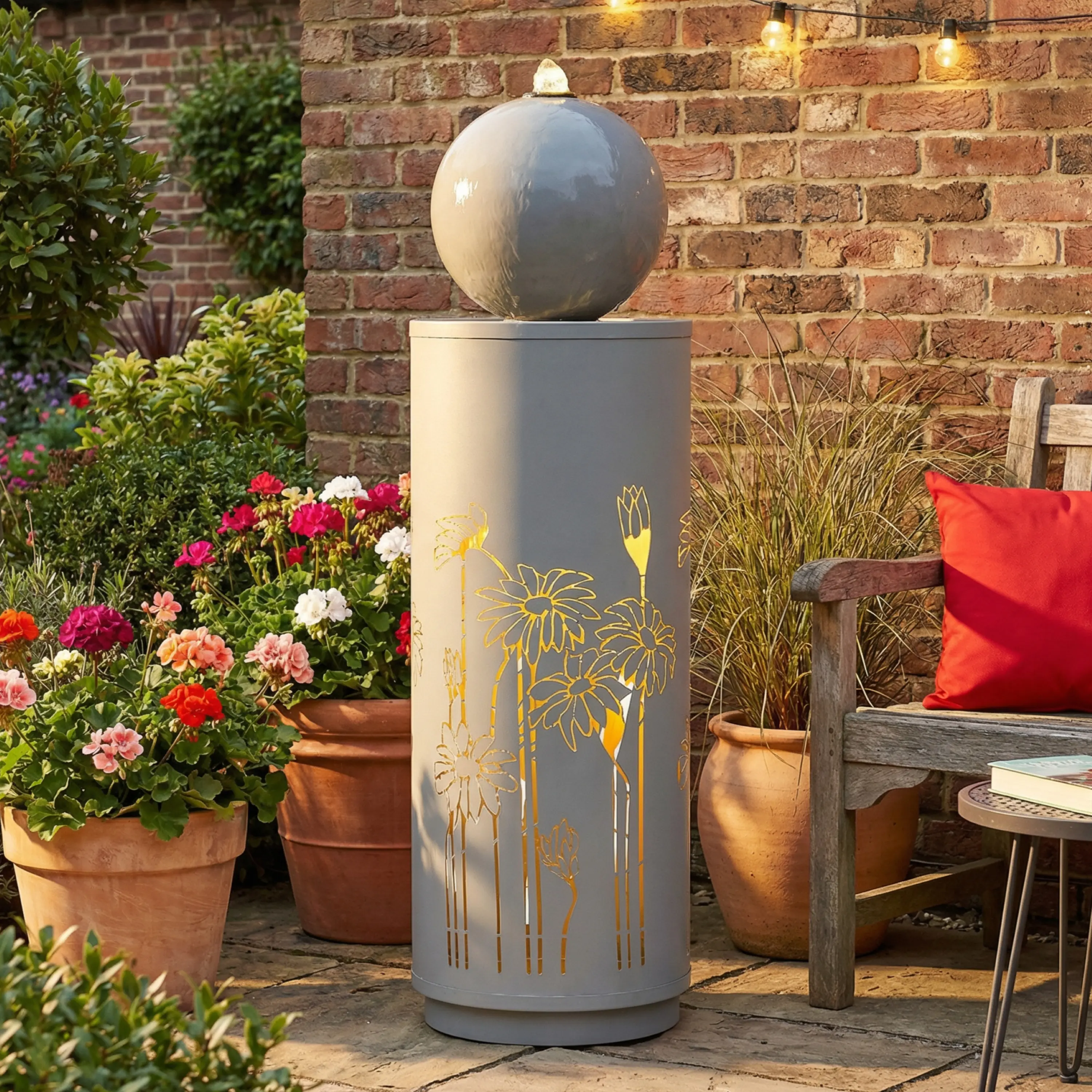 34.25 Inches Light Gray Metal Cutout ARCH Outdoor Water Fountain with Integrated LED Lights, Modern Freestanding Sphere-Top Feature, Durable Weather-Resistant Build, Stress Relief Relaxation Sound for Patio Garden Decor, Deck