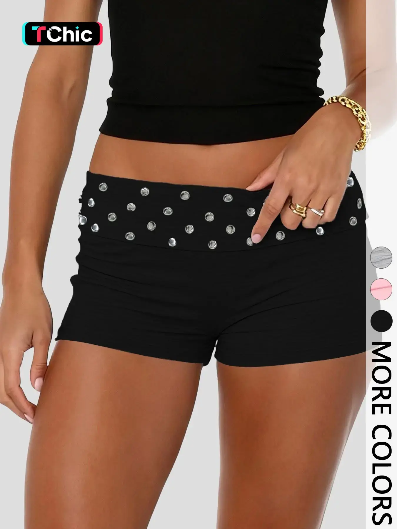 Women's Stretch Knit Hot Shorts Bottoms, Wide Foldover Waistband with Silver Studs, Low Rise, Soft Form-Fitting, Edgy Sexy Casual Style