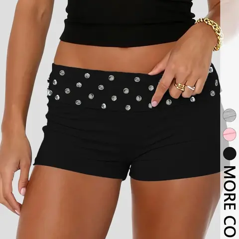 Women's Stretch Knit Hot Shorts Summer, Wide Foldover Waistband with Silver Studs, Low Rise, Soft Form-Fitting, Edgy Sexy Casual Style