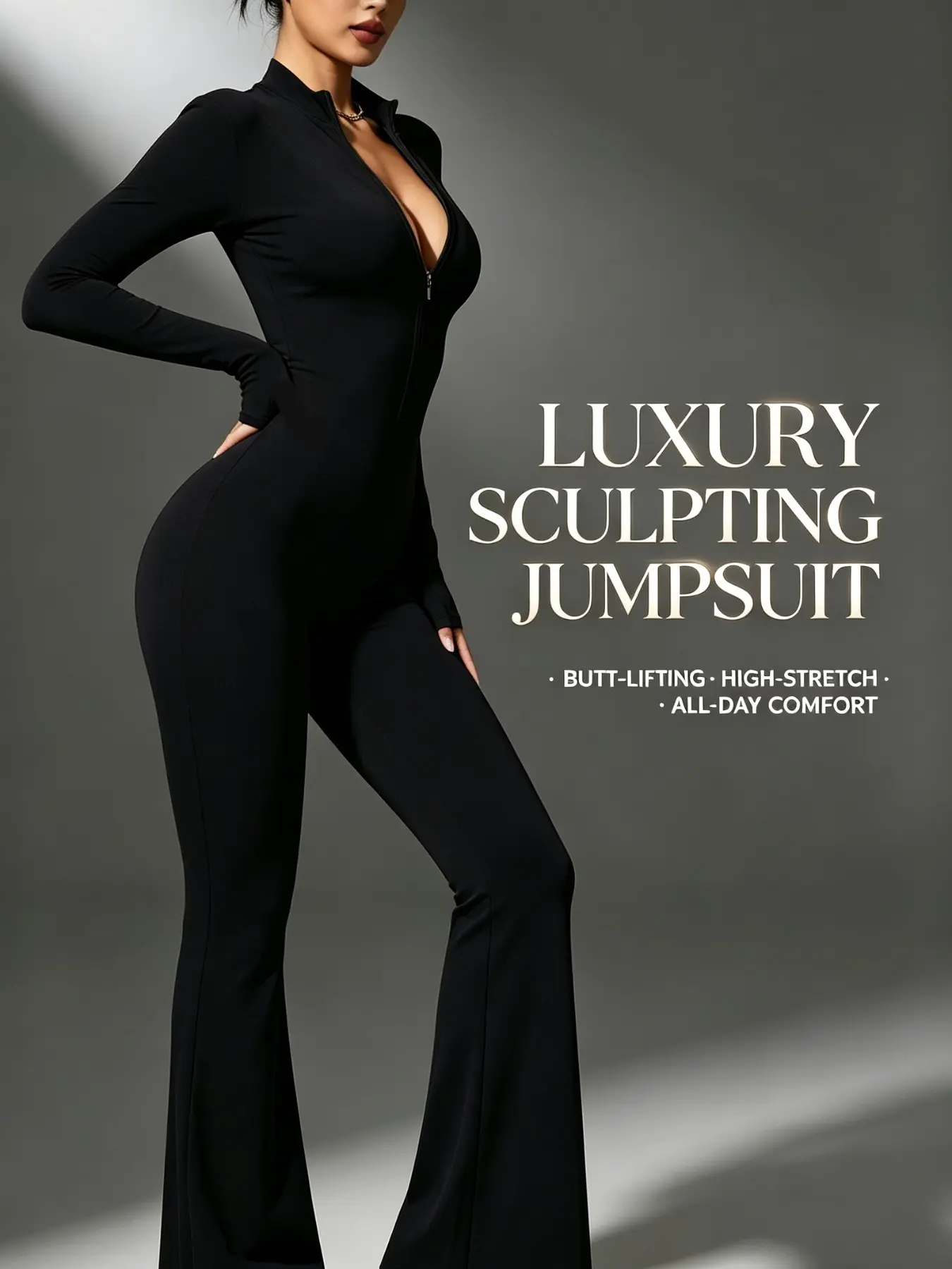 High-Waisted Butt-Lifted Bell Leg Jumpsuit, Stand Collar Zipper Long Sleeve Shapewear, High Elastic Slimming Sports Yoga, Street Style