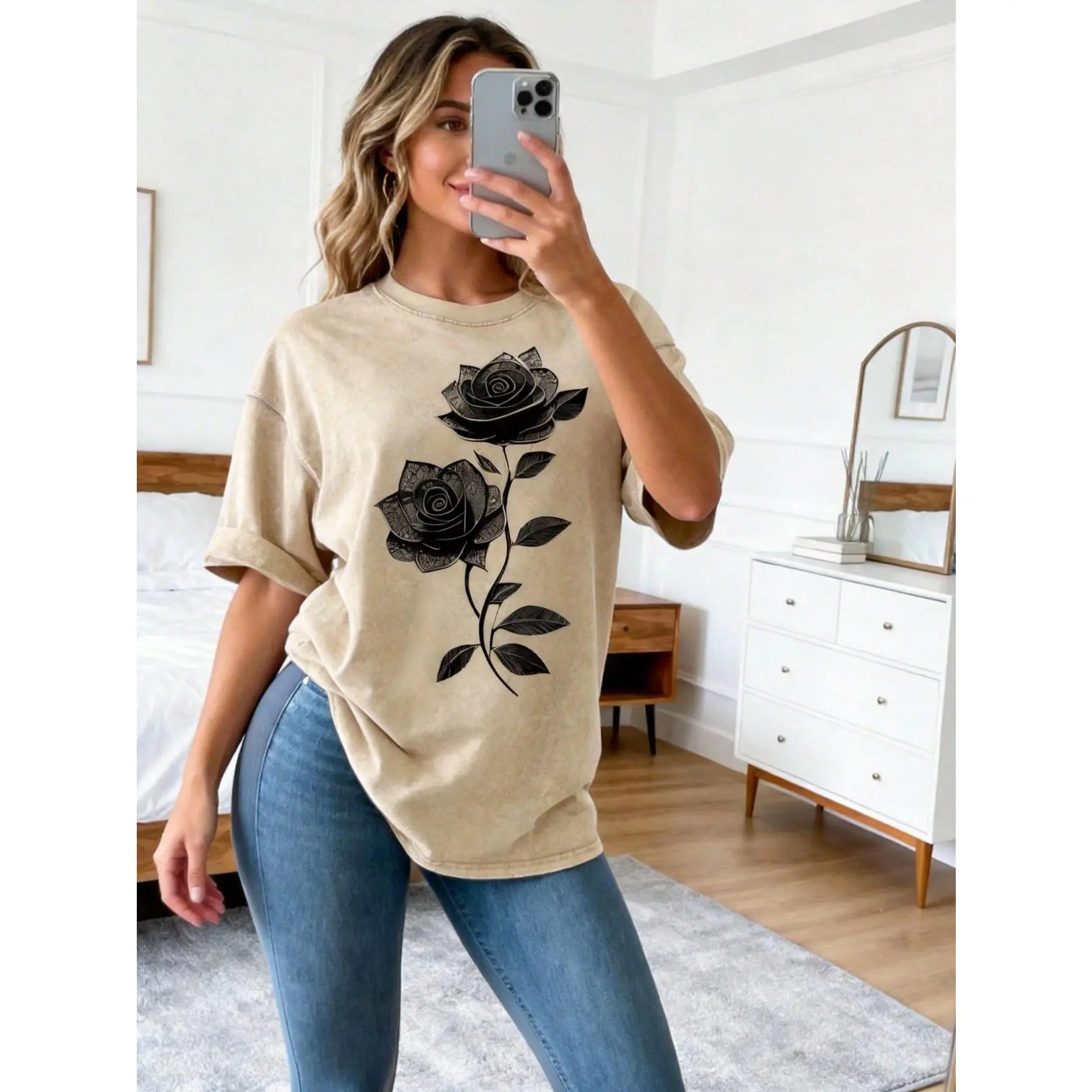 Pure Cotton Washed Loose-Fit T-Shirt,Dark Style Vintage Washed Rose Printed Pure Cotton Oversized Short Sleeve T - Shirt,Halloween,Día De Los Muertos,Home Leisure,,Weekend Outing,Sensitive Skin Group