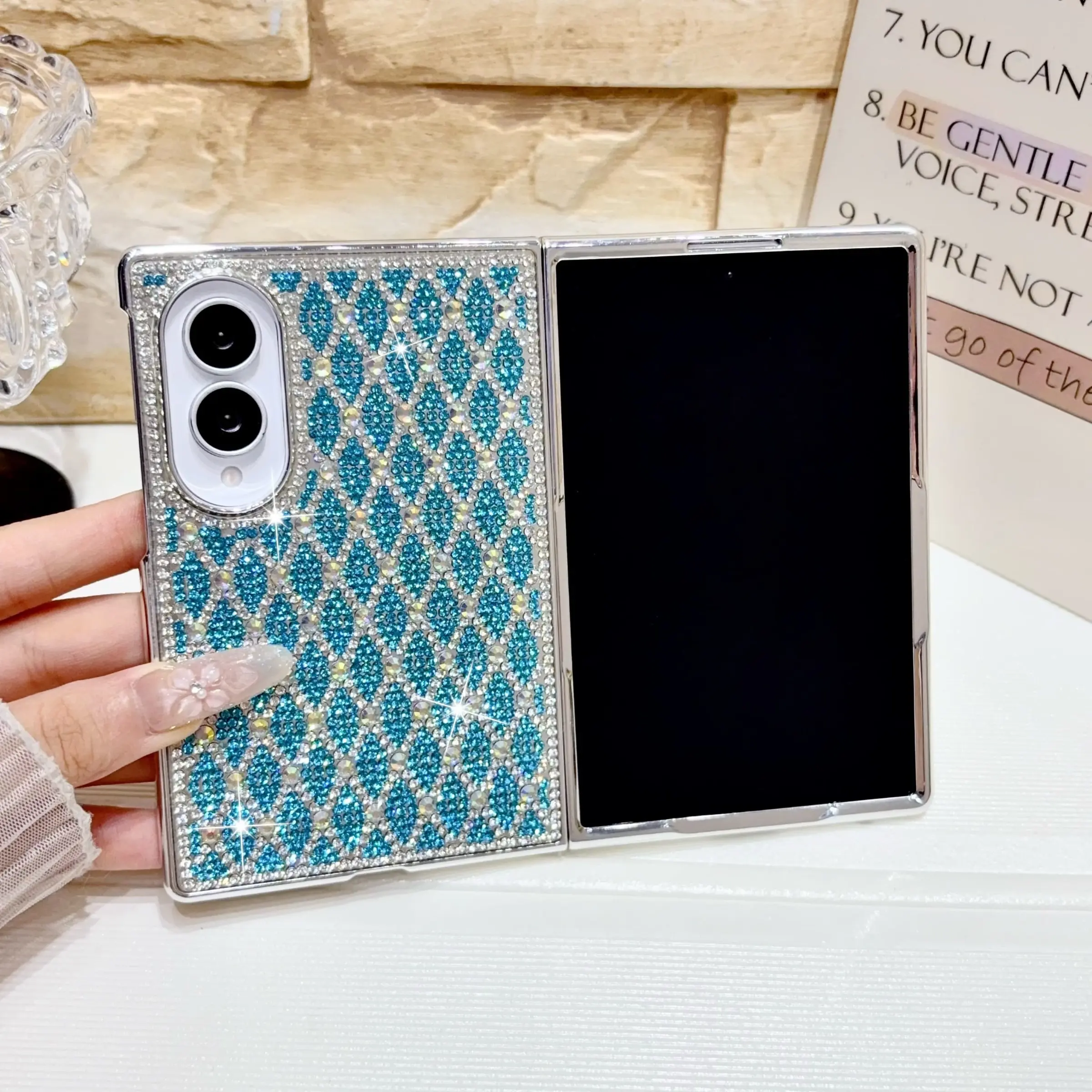 Luxury Rhinestone Phone Case for Samsung Galaxy Z Fold 8, Silver Color Border, Full Coverage Hinge Protection, Elegant Sparkle Design