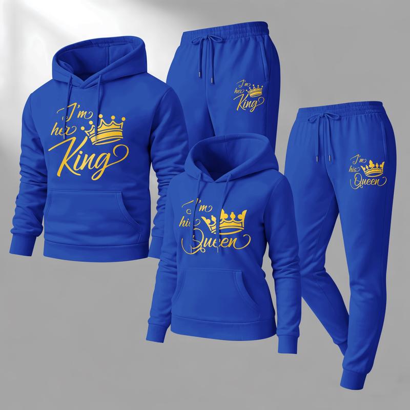 Couple's King & Queen Print Hooded Sweatshirt and Drawstring Sweatpants Set, Casual Sportswear, Long-Sleeve Hooded Jacket and Pants, Suitable for Autumn and Winter, Everyday Wear, Tracksuit, Casual Athletic Wear