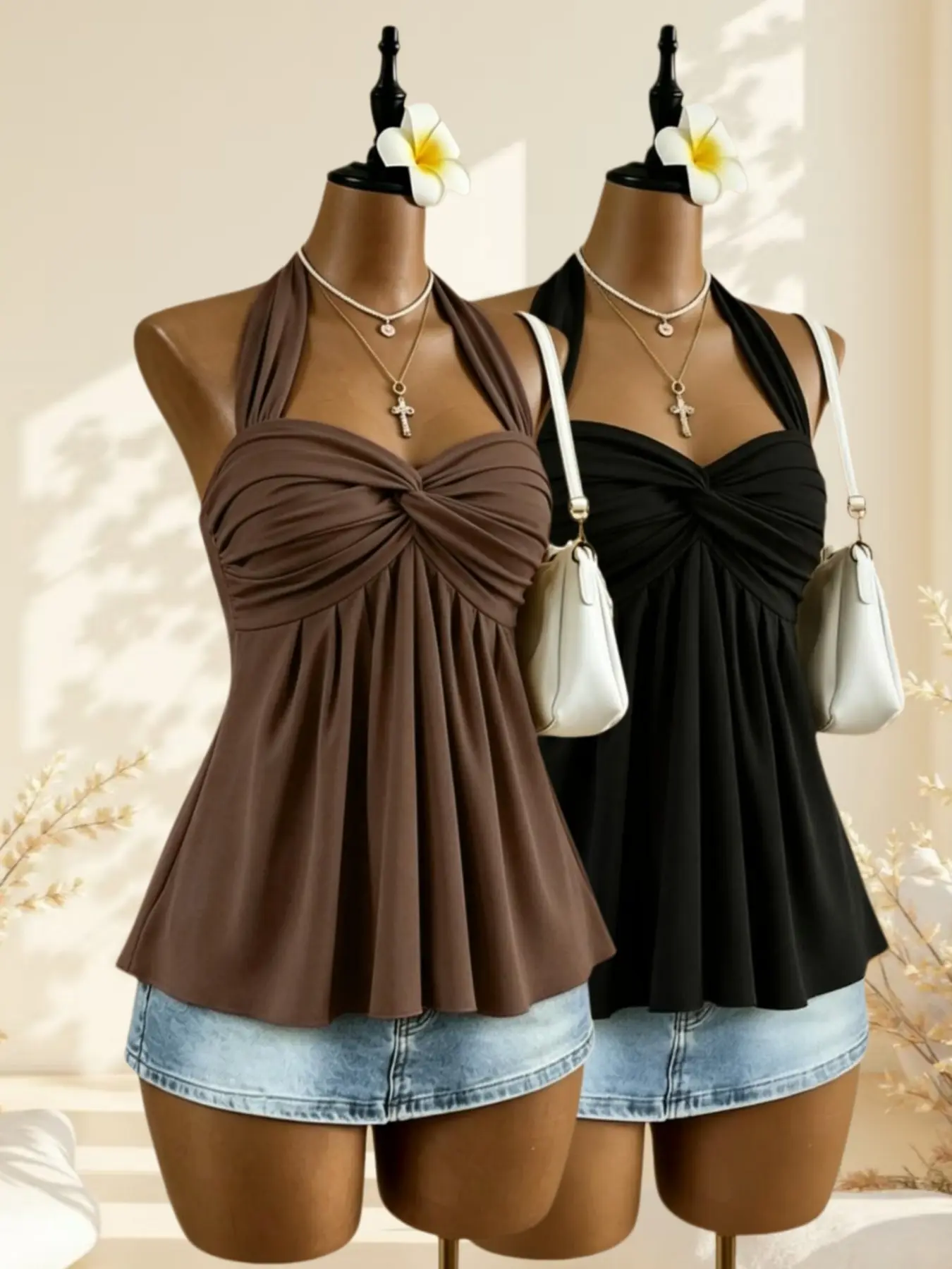 Light Mature Pure Desire Summer Halter Neck Knot Pleated Top, Peplum Hem Conceals Fat Slimming Casual Fitted Sleeveless Elegant Women's Camisole Tops Vest Two Pieces Set