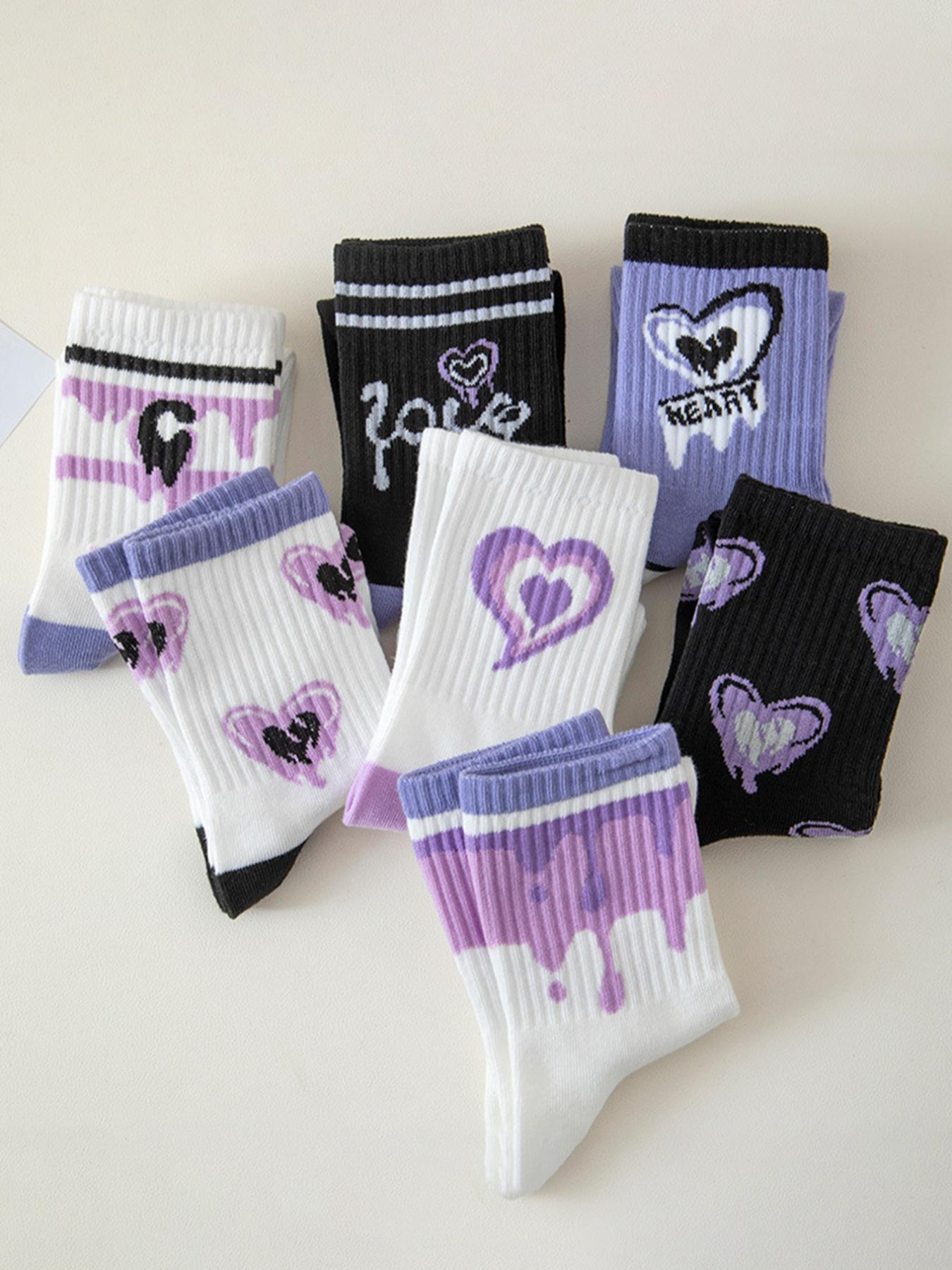 Women's 7 Pairs Heart & Letter Print Crew Socks, Casual Stylish Socks, Soft Comfy Socks, Preppy Casual Soft Comfortable Breathable Striped Print Mid-calf Socks for Daily Wear, Multipack Knit Socks for All Seasons, Sock Set
