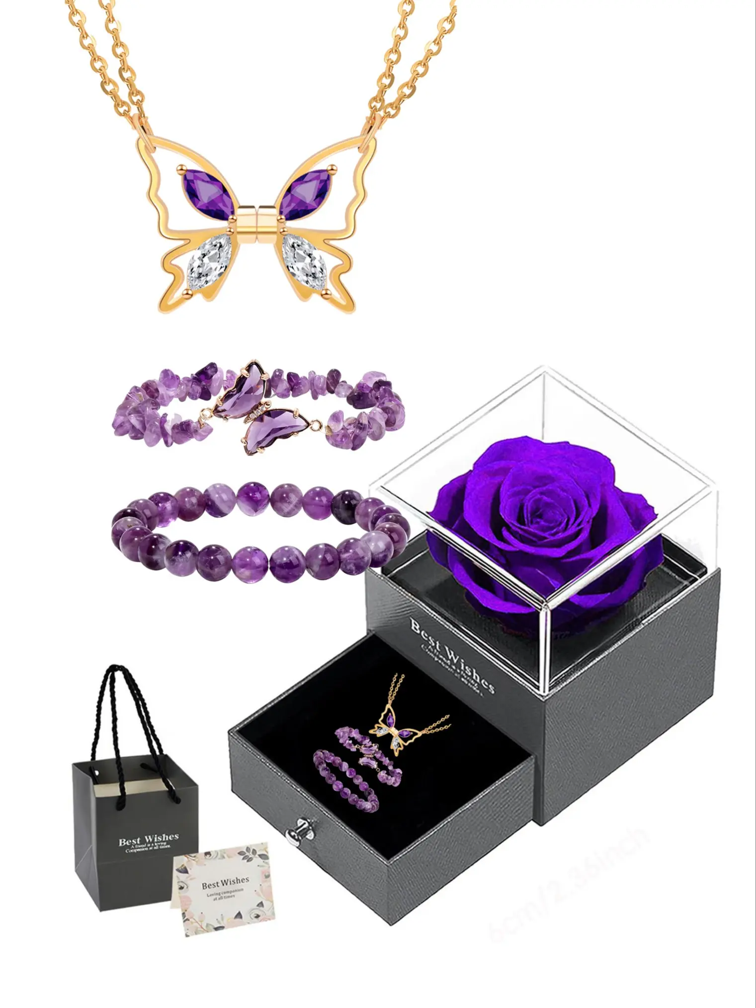 Natural Amethyst Gemstone Butterfly Jewelry Gift Set, Stainless Steel, Purple Crystal Chip & Round Beaded Bracelet, Butterfly Necklace, Forever Rose Box with Gift Bag, Women Jewelry Present for Mother Girlfriend Gift for Birthday, Anniversary, Christmas