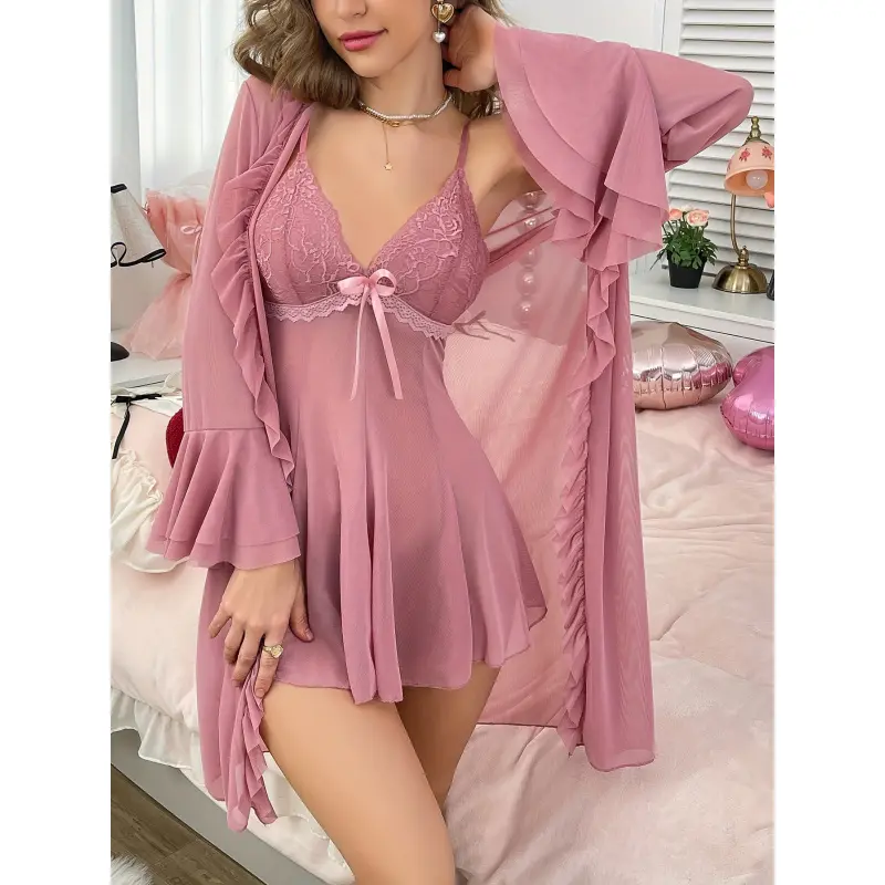 Solid Knit Pajama Set with Long Sleeve Semi-Sheer Ruffle Robe, Women's 3-Piece V-Neck Sleepwear with Lettuce Trim, Loungewear, Polyester, Ruffles