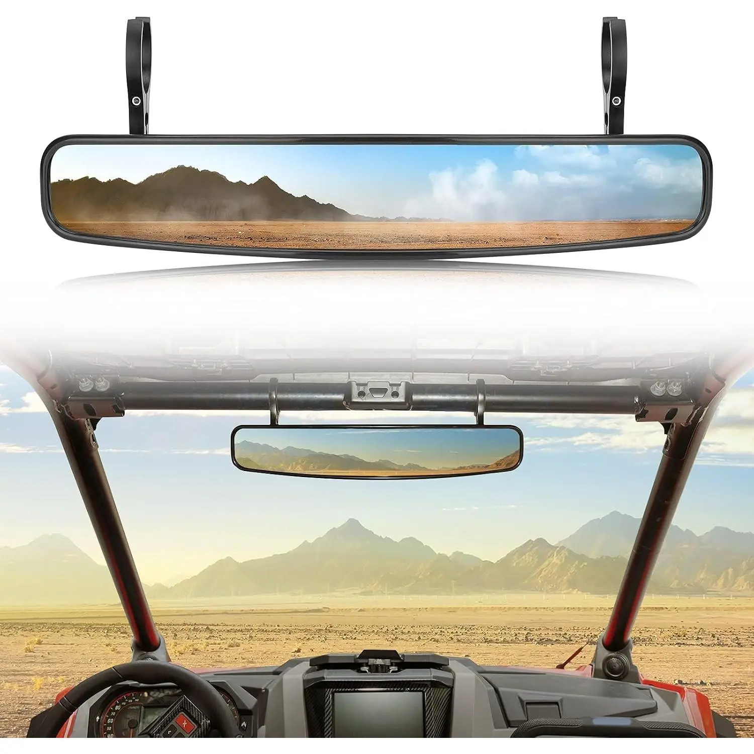 UTV Rearview Mirror, 15" UTV Race Convex Center Mirror with 3/4 1.75" or 2" Clamps Compatible with Polaris RZR PRO XP R, Pioneer, Can-Am Commander Maverick, 1000R 1000X