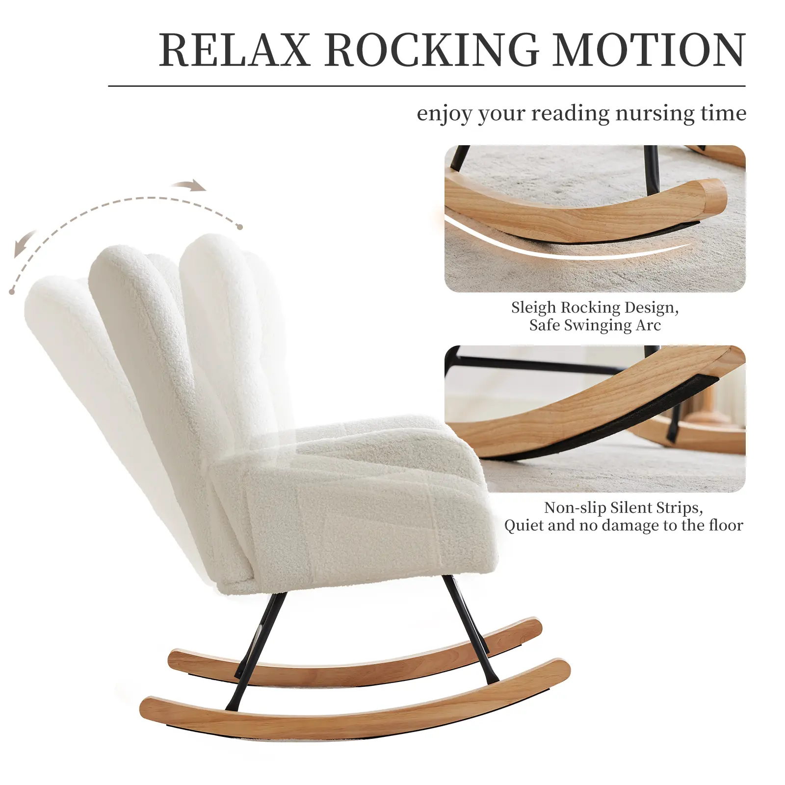 Ergonomic High Backrest Rocking Chair – Soft Upholstered Armchair with Sturdy Metal Legs, Solid Wood Base, Side Pockets, Armrests – Modern Accent Recliner