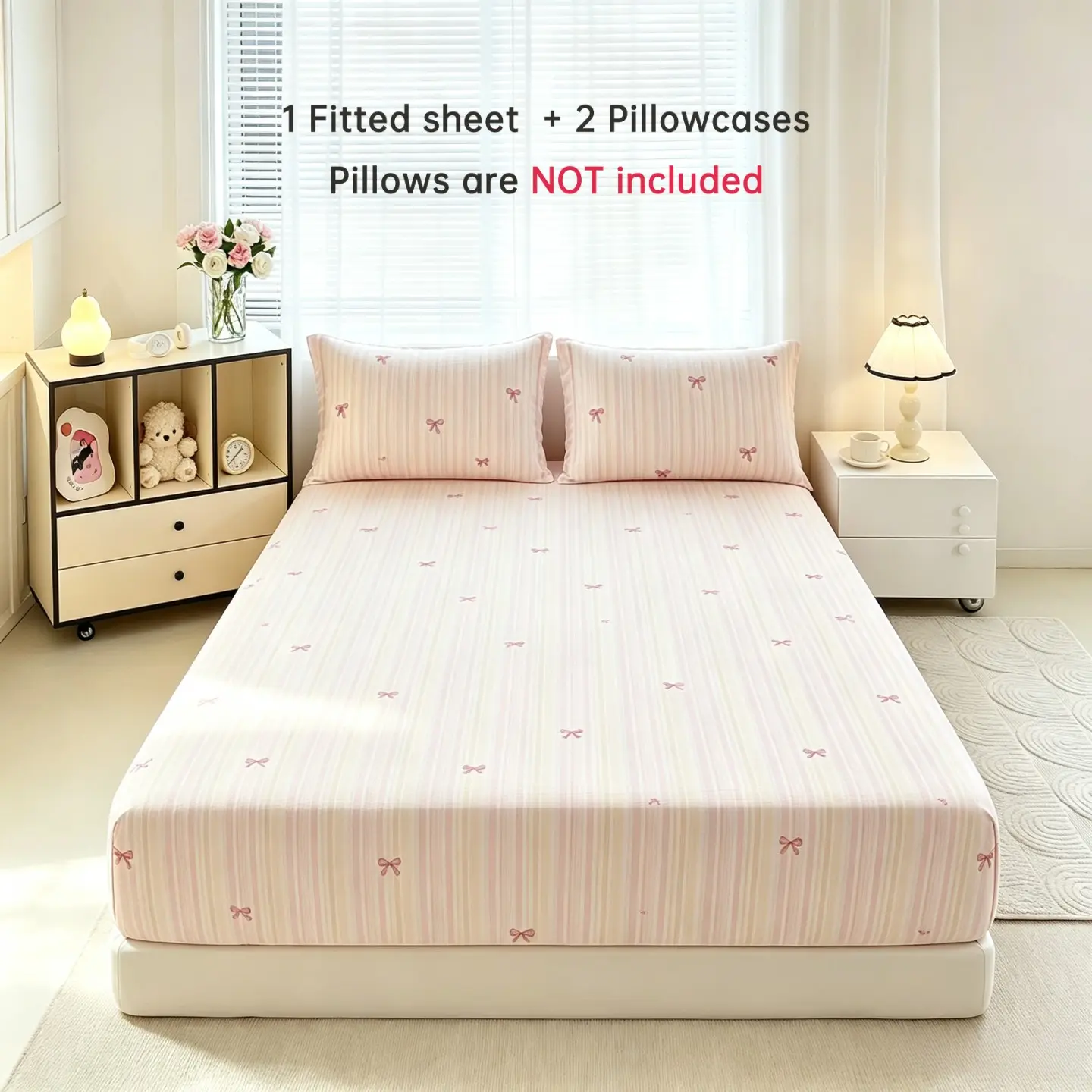 Cute Bow Striped Fitted Sheet Set, Deep Pocket Aesthetic Cozy Comfy Bedding Set with 2 Pillowcases (Pillow Inserts Not Included), Soft Pastel Bed Sheets Multiple Sizes for Girls Bedroom