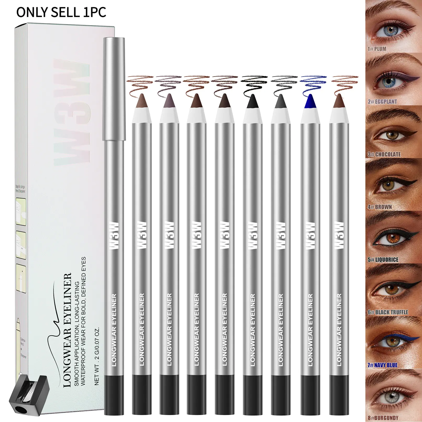 1Pcs W3W Longwear Colored Eyeliner Pencil Set, Eye Pencils, 8 Shades Waterproof Smooth Precise Perfect Eye Makeup, Eye Liner Waterproof Smudge Proof, Multi‑Color Eye Styling, Wooden Eyeliner Pencil Eye Contour Cosmetics