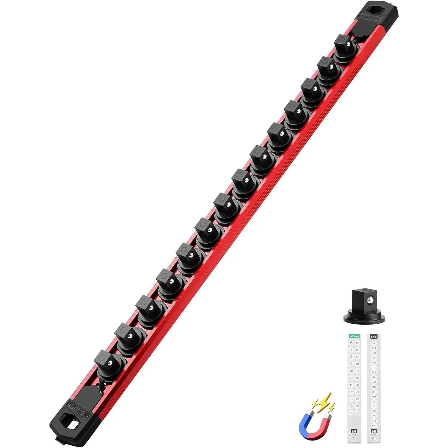 ALOANES Magnetic Socket Organizer Set, 3/8-Inch Drive Heavy Duty Aluminum Socket Rail, 360° Swivel Clips Socket Holder Kit for Toolbox Drawer, Fits 3/8-Inch with 14 Clips, Red 1PC