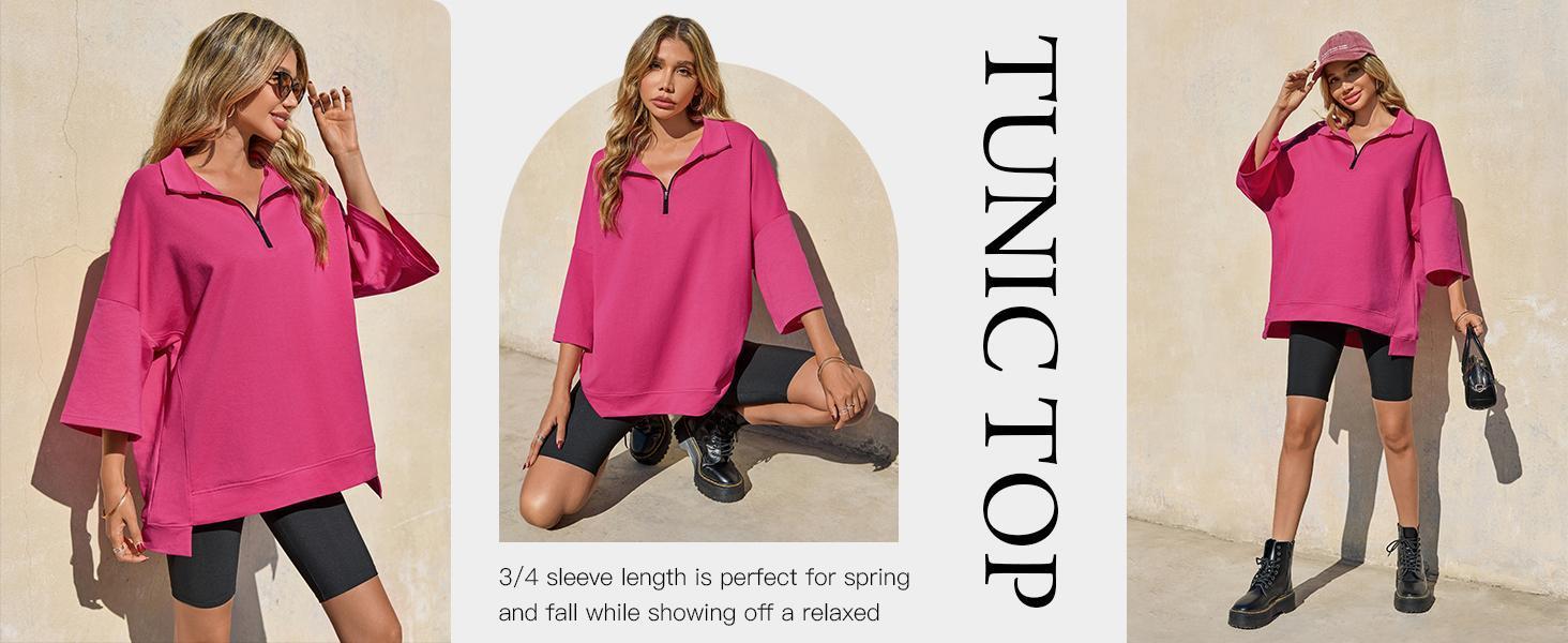 Imily Bela fitness Womens Oversized Sweatshirt Casual Zip Up V Neck 3/4 Sleeve High Low Pullover Tunic Tops