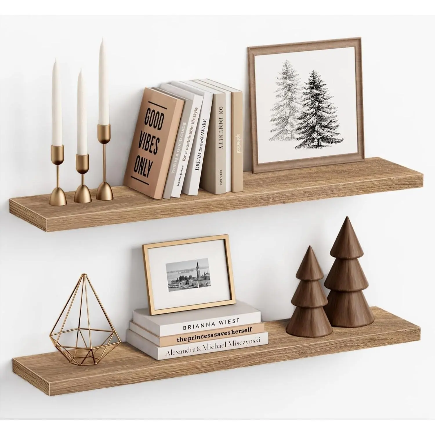 Light Wood Floating Shelves for Wall 36 Inch x 8 Deep, Large Wall Shelf for Bedroom Living Room Books, Long Shelves for Office Bookshelf Art Decor (Light Brown Color, Set of 2)