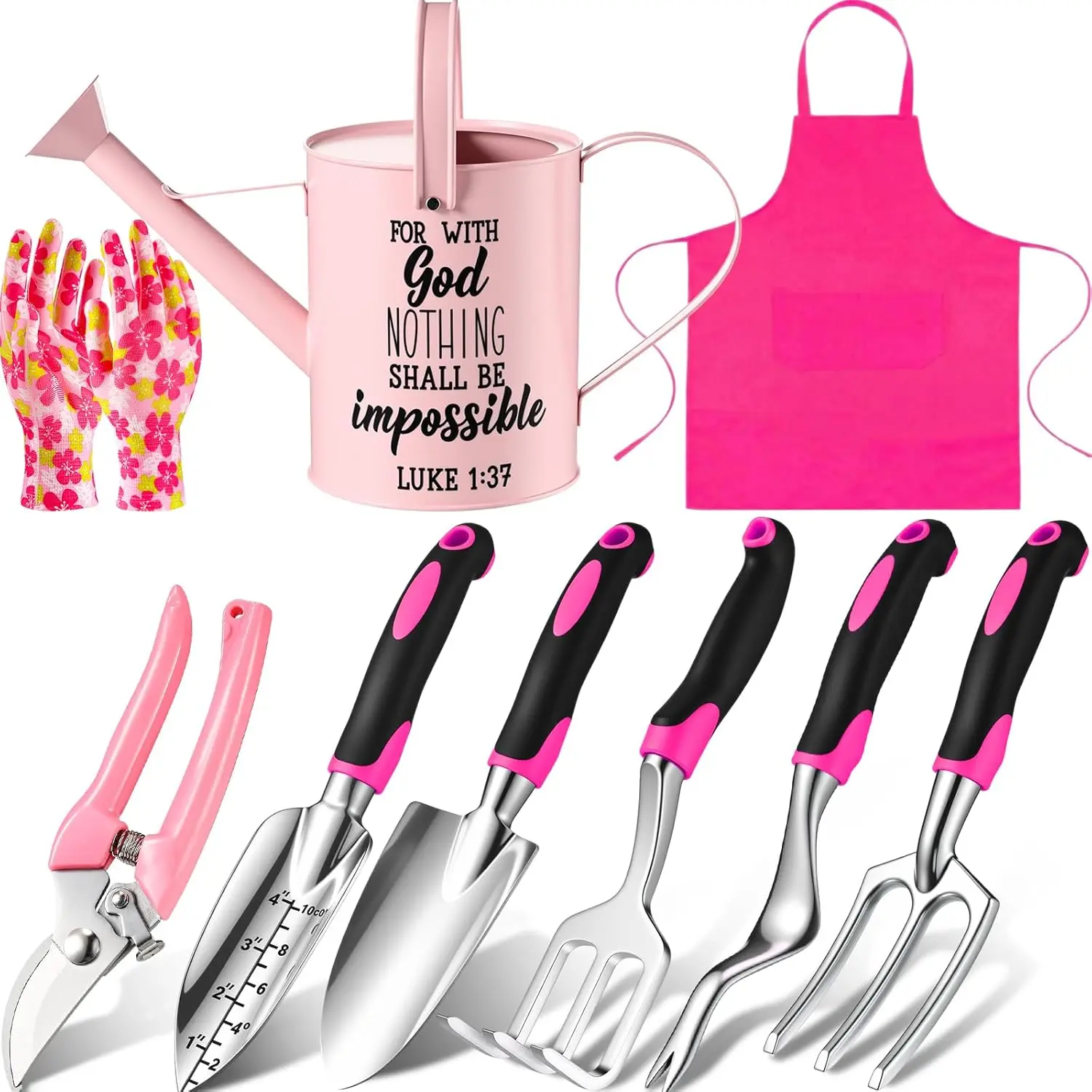 9 count Watering Can Garden Tools Kit with  Verse Christian Gardening Gifts for Women with Heavy Duty Garden Hand Tools 1.6L Galvanized Metal Can Apron Gloves for Mom Grandma()