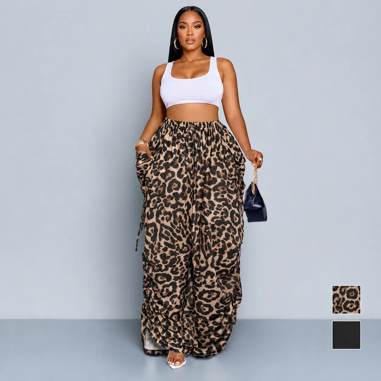 Women's Plus-Size Leopard Print High-Waisted Wide-Leg Joggers, Adjustable Waist Elastic Band, Loose-Fitting Full Length All-Season Casual Sports Bottoms