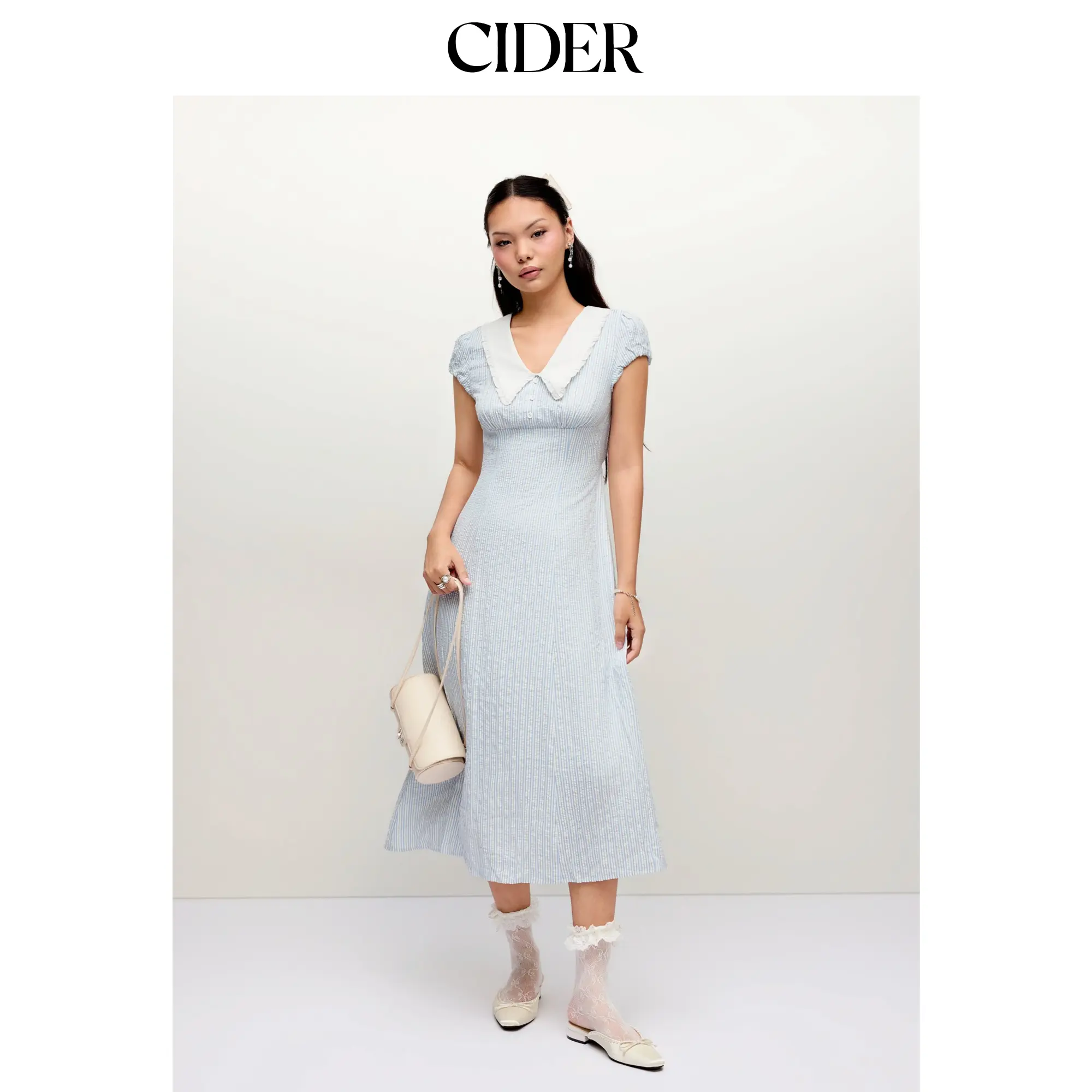 Cider Striped Peter Pan Collar Puff Sleeve Color-block A-line Maxi Dress
