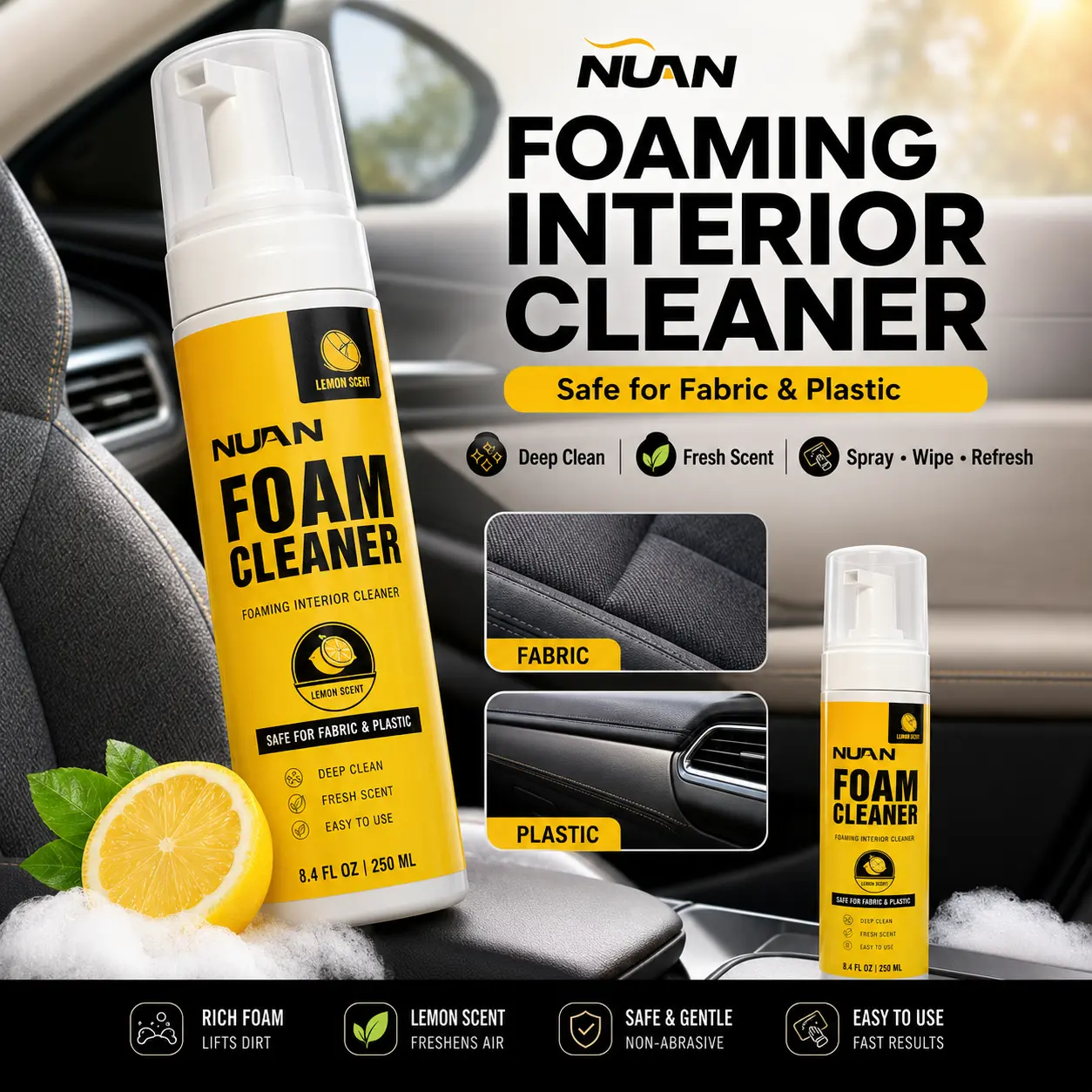 NUAN - Car Interior Cleaner Foam, Upholstery & Seat Cleaner Spray for Dashboard, Fabric, Leather & Car Interior Stains, Deep Cleaning Upholstery Spray for Fabric Seats