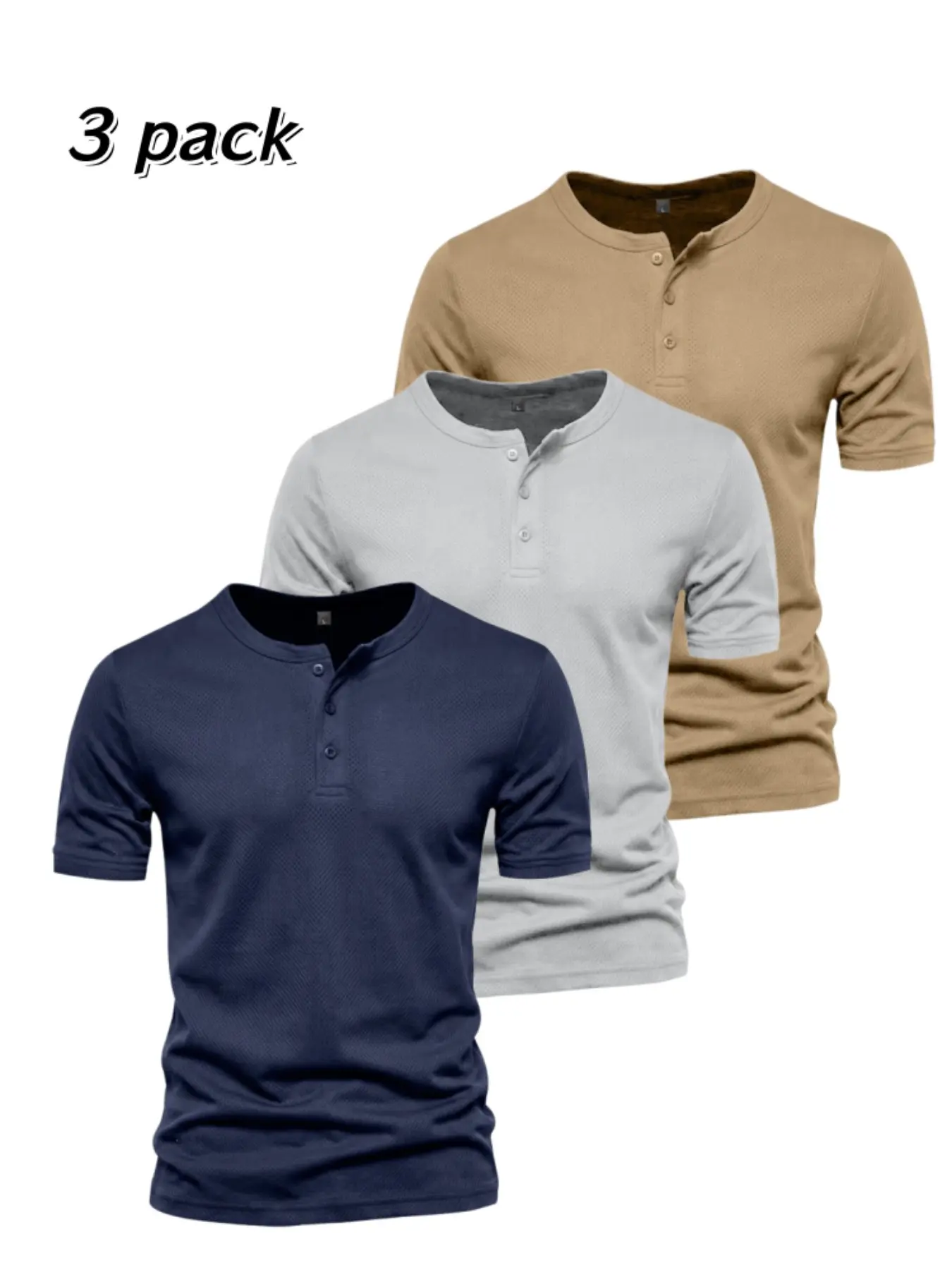 3 Pack Men's Henley Short Sleeve T-Shirts, 4 Button Placket Waffle Knit Tees, Breathable Slim Fit Solid Color Muscle Workout Daily Casual Basic Summer Tops Multipack