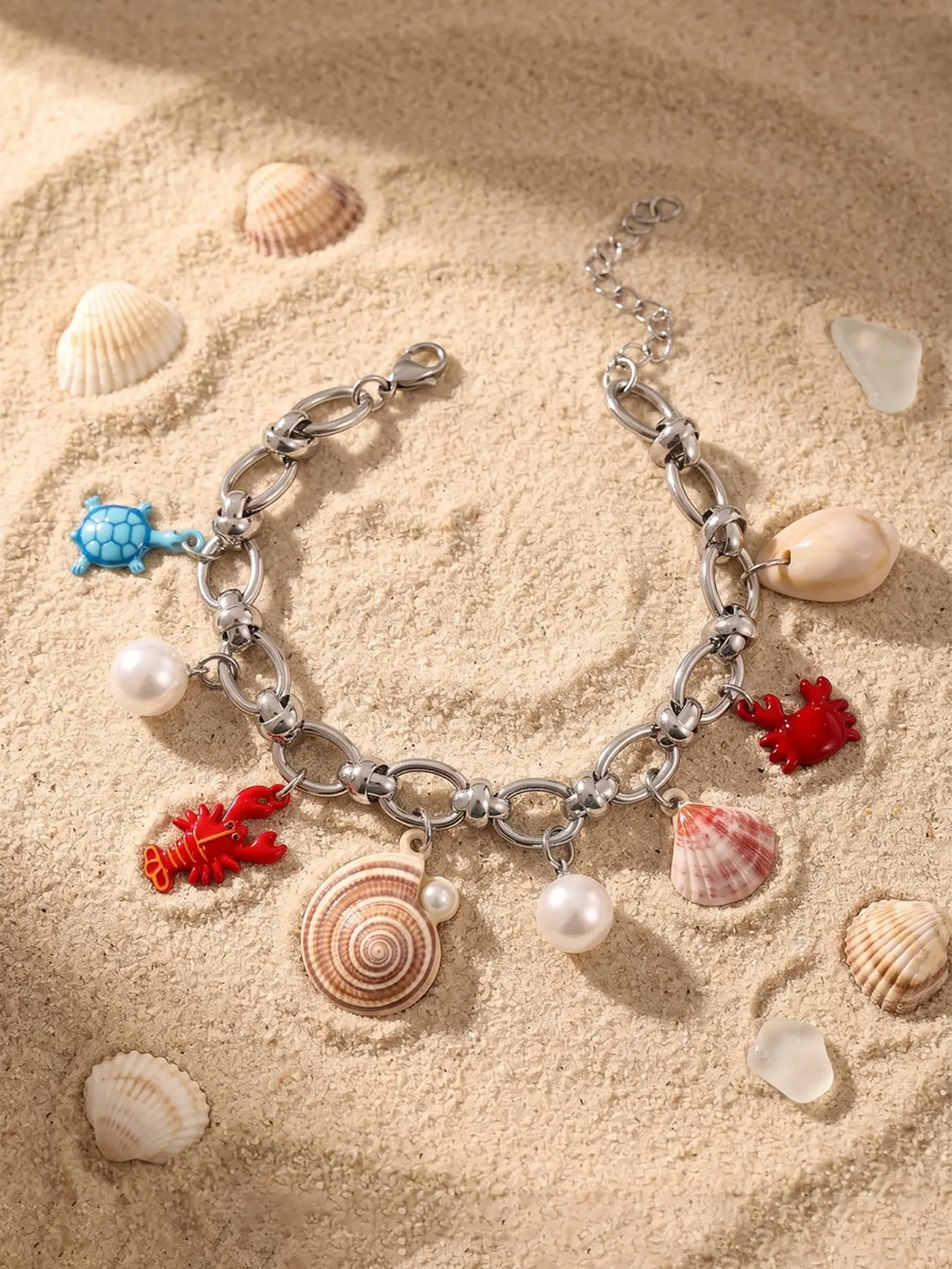 Stainless Steel Ocean Charm Bracelet for Women Y2K Summer Beach Shell Pearl Lobster Crab Pendant Link Chain Bracelet Waterproof Jewelry