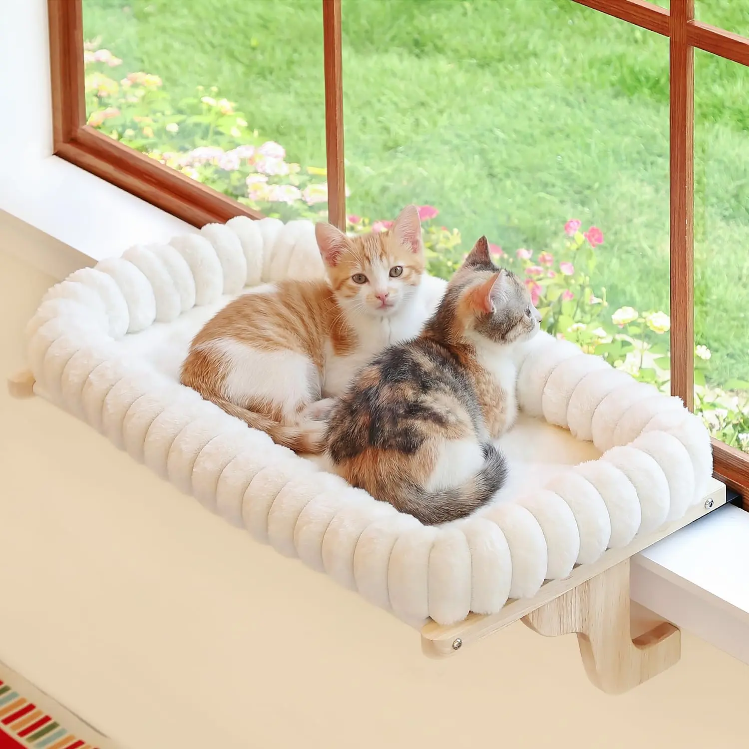 SnugCloud Cat Window Perch with 4-Sided Bolster - Large Cat Hammock for Window Sill - Solid Hardwood & Metal Frame - Window Seat for Pets (Natural Color Wood w/White Bed, Large)
