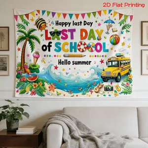 2D Flat, [2D Flat Printing] 1 High Definition Digital Print Tapestry+ Happy Last Day, Summer Celebration, Beach Theme, School Bus Farewell+Holiday Gift, Home Decor, Party Backdrop, Landscape Wall Art, Nature-In