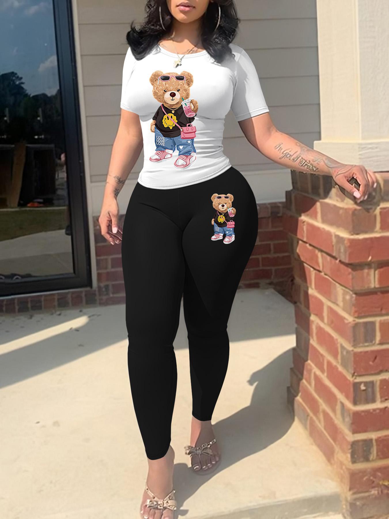 Two-piece Set Women's Cartoon Bear Print Short Sleeve Tee & Skinny Pants, Casual Round Neck T-shirt & Trousers for Spring & Fall, Ladies Clothes for Daily Wear