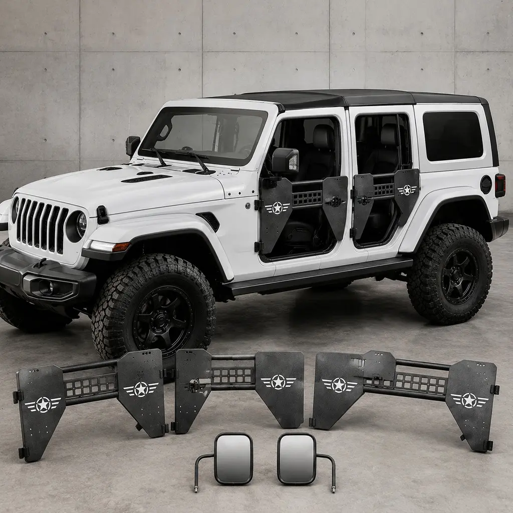 Steel Half Doors with Side View Mirrors for 2018-2026 Jeep Wrangler JL 4-Door & Gladiator JT, 1941 Tactical Molle Panel Design, Heavy Duty Black Set of 4