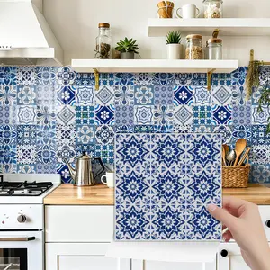 24PCS NHZ Blue & White Porcelain Style Retro Tile Stickers, PVC Crystal Film, Waterproof Oilproof, Self-Adhesive, Removable No Residue, Easy Clean, Glossy Finish, for Kitchen Bathroom Bedroom Home Decor