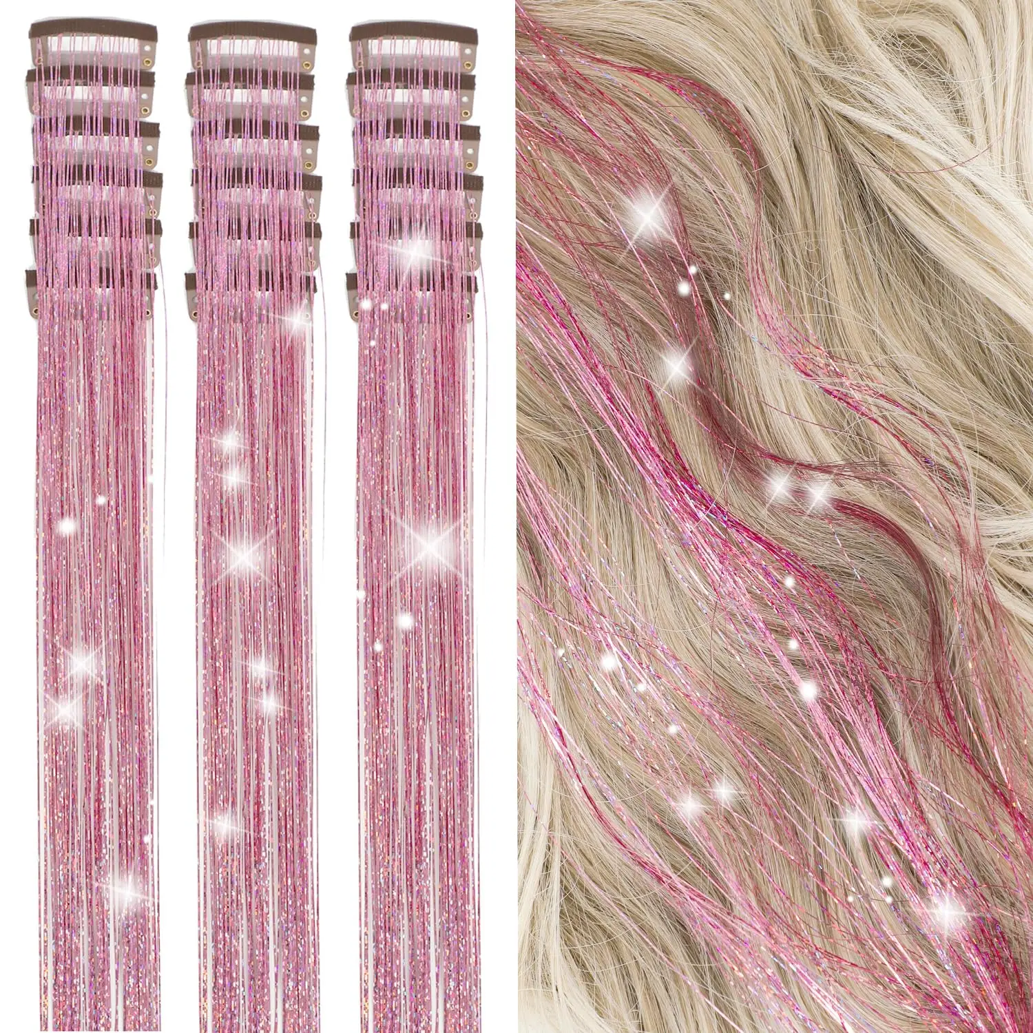 Hair Tinsel Kit Pack of 18 count Hair Tinsel Clip in 19.6Inch Glitter Tinsel Hair Extensions Heat Resistant Clip in Hair Tinsel Sparkle Fairy Hair Accessories for  Girls Women ()
