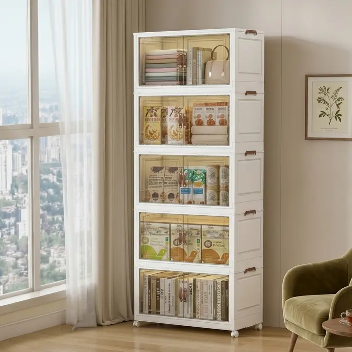 5 Tier Stackable Foldable Storage Cabinet with Clear Doors & Movable Wheels, Large Multifunctional Collapsible Storage Bins Organizer, Shoe Storage Rack for Closet, Bedroom, Living Room, Bathroom, Playroom, Dorm, Office, Entryway