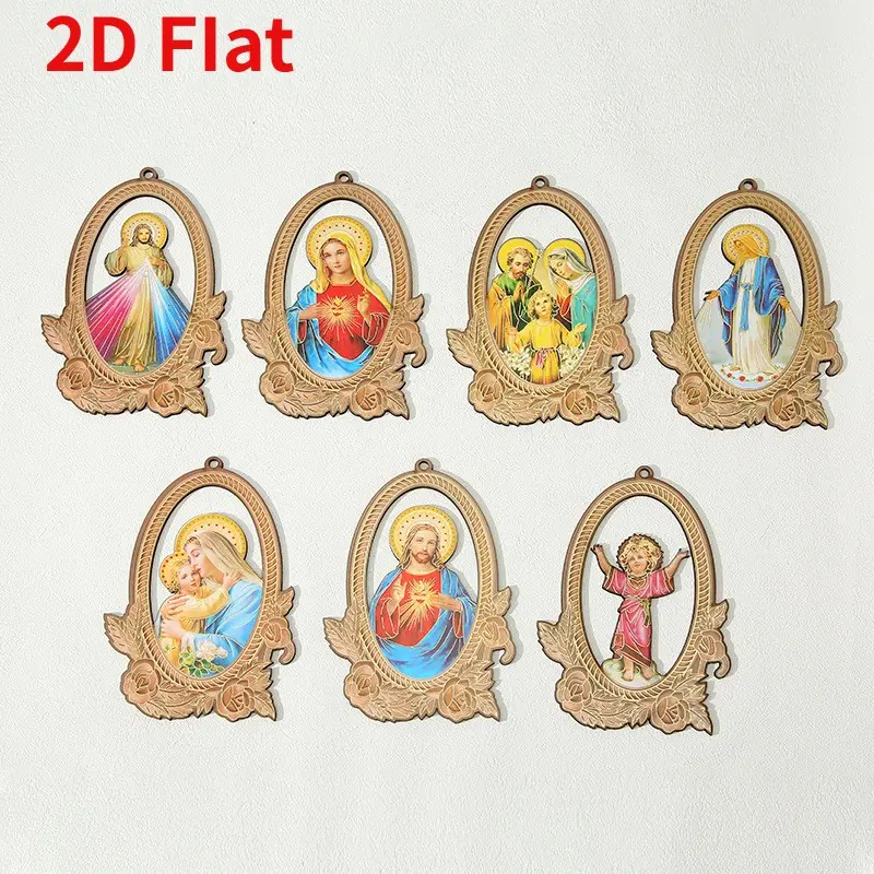 7-Piece Reclaimed Wood Wall Art Set, Mary and Saints Religious Decor, Elliptical Design, Handmade, Church & Home Use, Faith-Based Gift