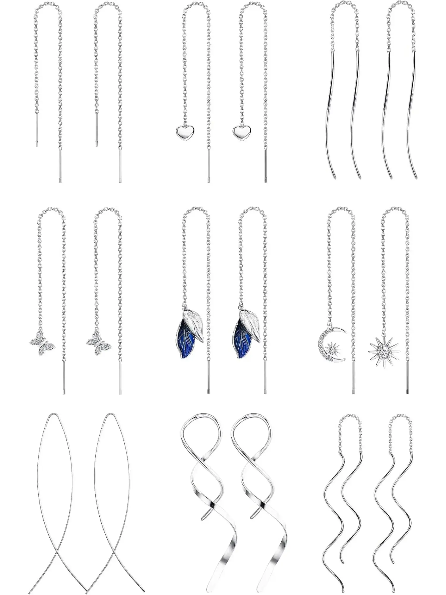 9 Pairs Women’s Stainless Steel Threader Dangle Drop Earring Set, Lightweight Minimalist Long Chain Tassel Earrings, Double Twist, Wave, Heart, Moon & Leaf Threader Earrings For Daily Wedding Party Holiday Gift