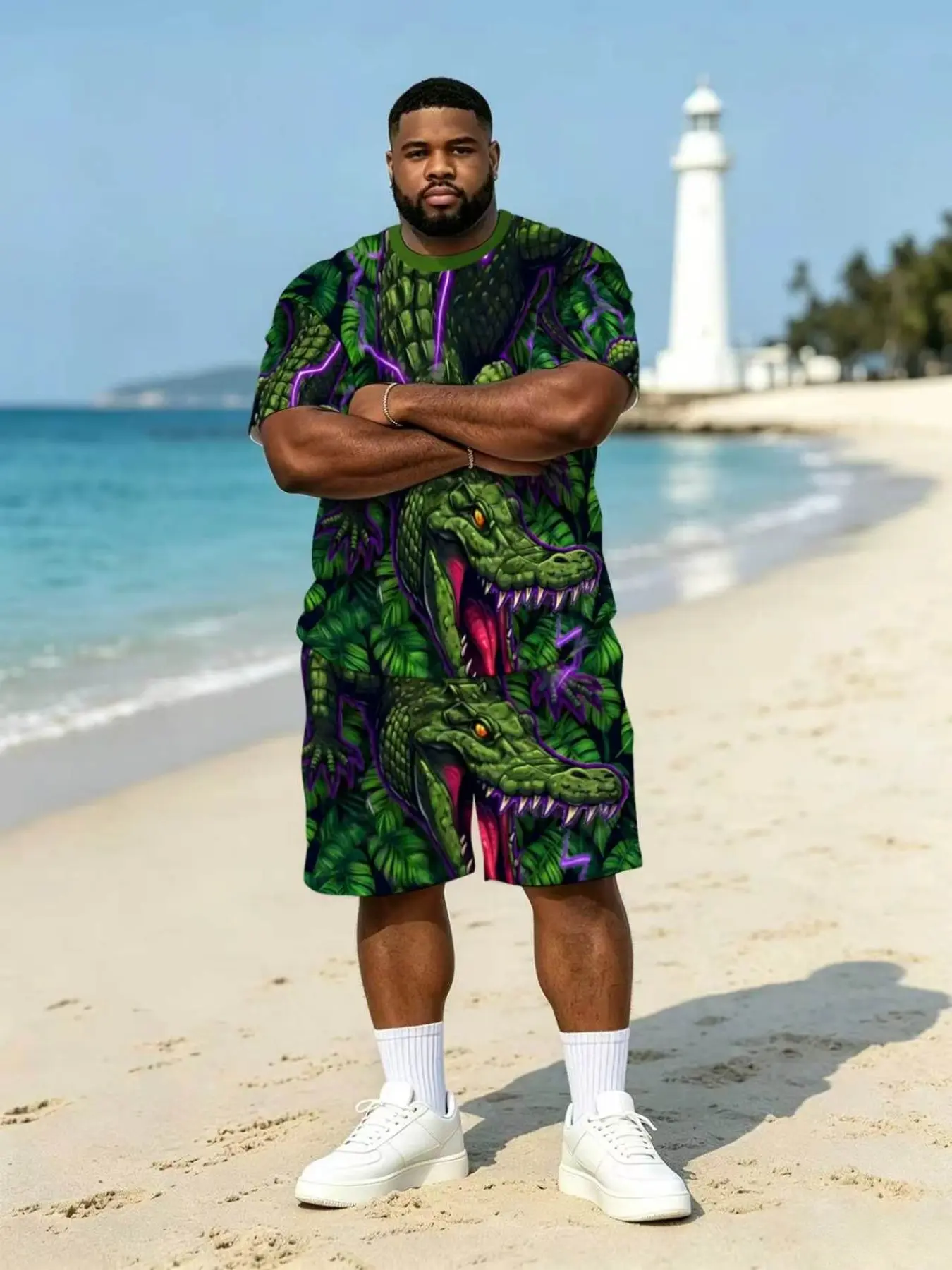 Men's Jungle Crocodile Glow Two-Piece Set, Tropical Plant Roaring Crocodile All-Over Print, Beach Shorts Sleeveless Set
