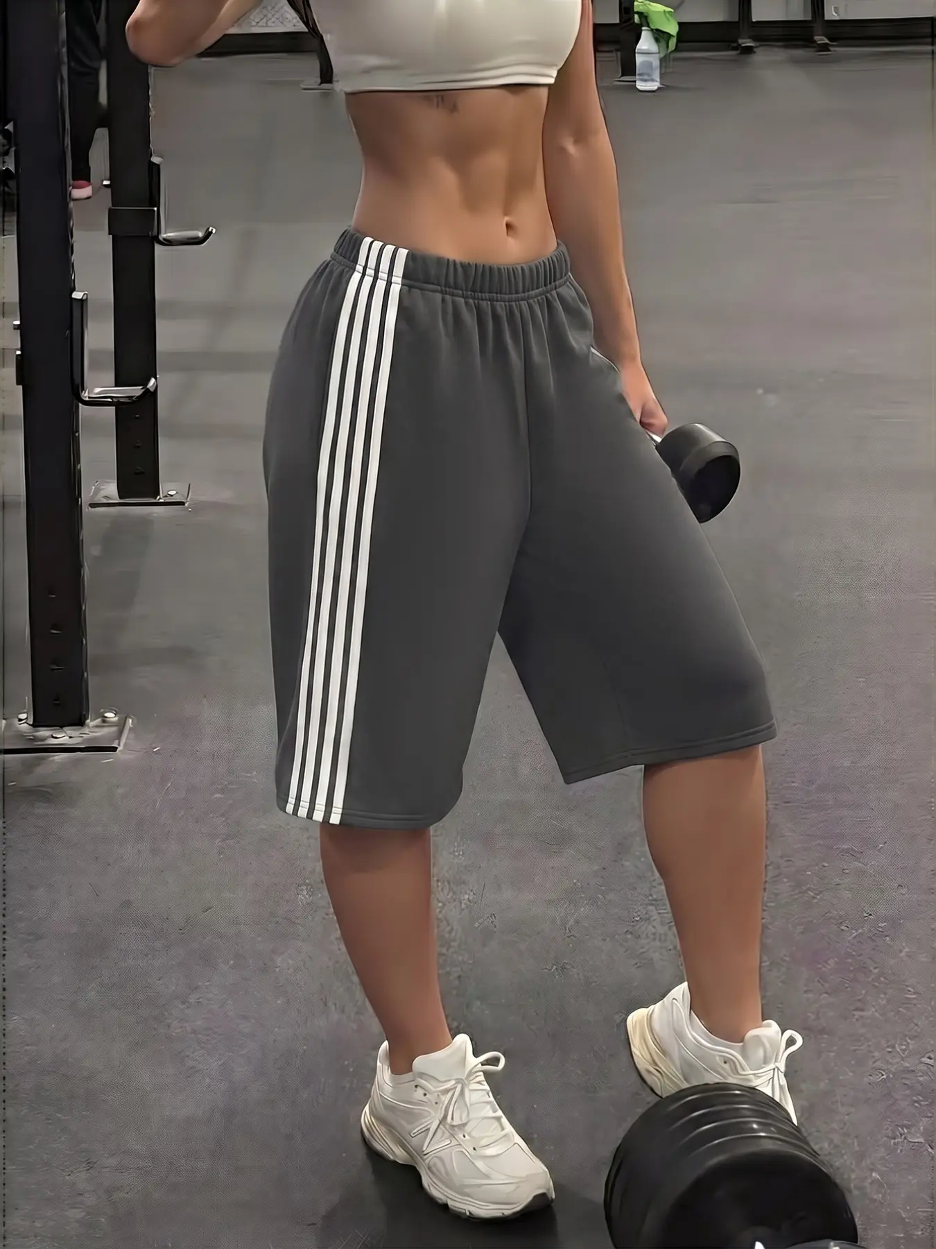 Women Gray Side Stripe Bermuda Sweat Shorts Elastic Waist Loose Sporty Shorts Fit Knee Length Basketball Gym Shorts Casual Workout Streetwear Activewear Shorts Y2K Summer Lounge Running Shorts