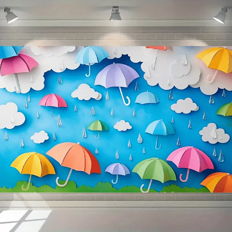 Vibrant Umbrellas & Clouds Party Banner - Colorful Paper Cutting Art Style, Polyester Wall Decor for Home, Room, and Event Background, Perfect for Parties, Celebrations, and Photo Props, Party Decorations