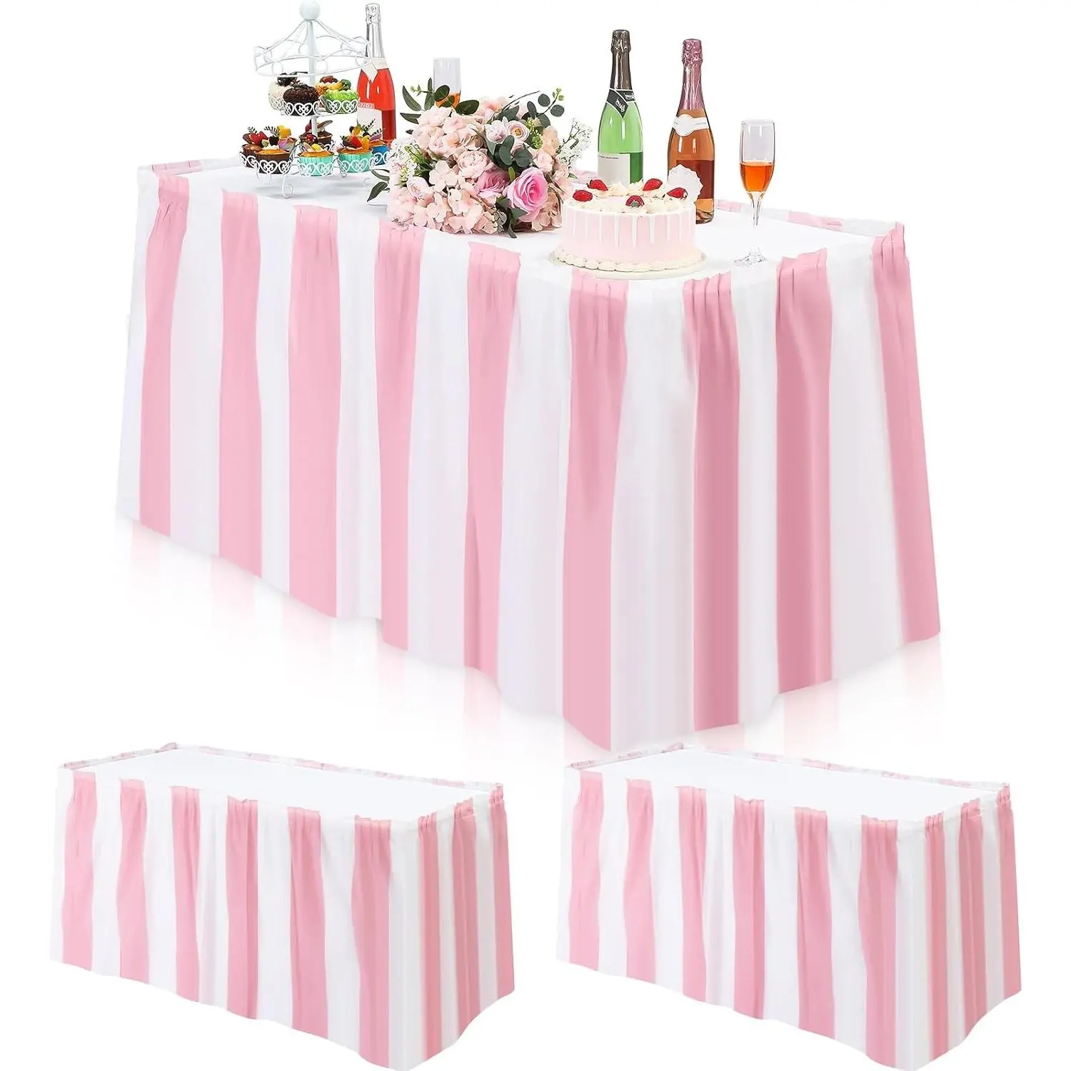 3 Pack Pink Carnival Table Skirt Party Decorations, Pink and White Striped Disposable Table Skirts for Circus Party, Wedding Baby Shower Supplies, 29" x 14 ft
