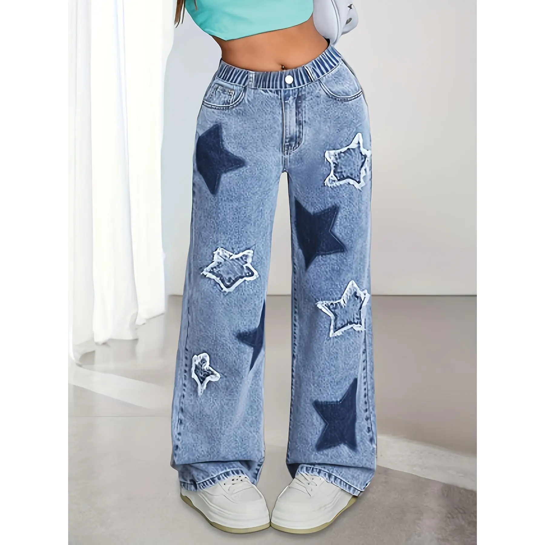 Girls' Y2K Star Patch Embroidery American Style Straight Slim Jeans.Retro Street Style for Big Kids, Elastic Waist And Soft Fabric, All-Season Wear.Perfect for Back-To-School, Skate, Roller Skating, Christmas And Halloween.Fits 7-15 Years