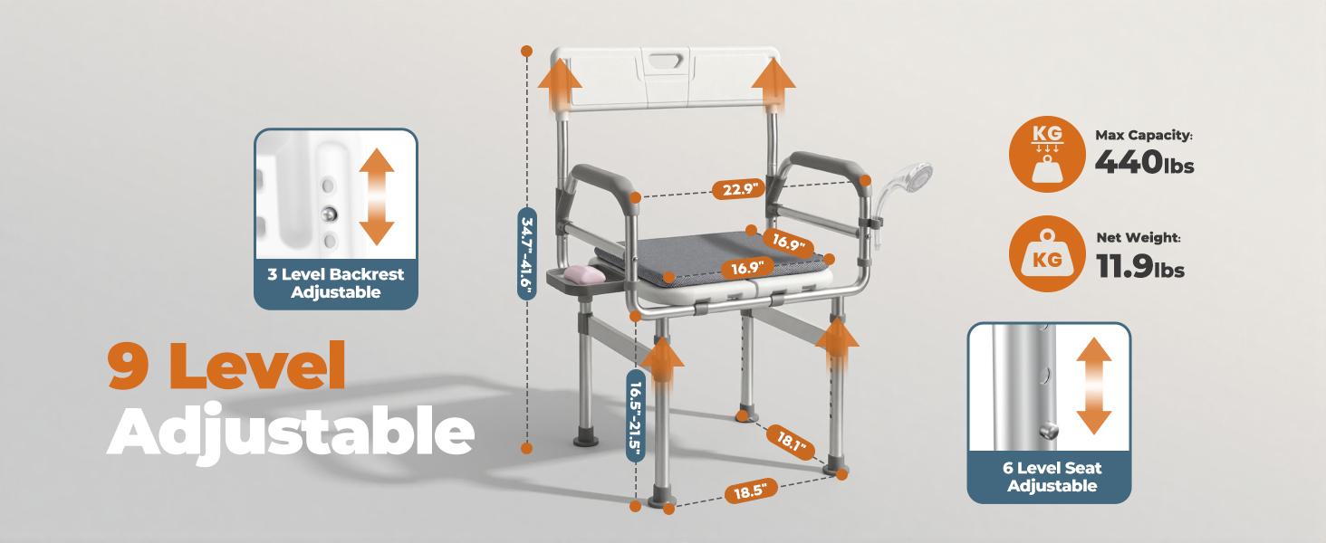 Folding Shower Chair for Inside Shower, Tub and 440lb Weight Capacity - Foldable Shower Chair for Elderly and Disabled - Shower Seat with Arms, Back, Cushion and Shelf