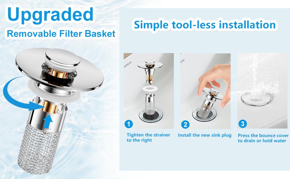 Bathroom Sink Stopper, Universal Drain Filter with Hair Strainer, Universal Bathroom Sink Drain Pop Up Stopper for Stainless Steel Floor Drain Filter