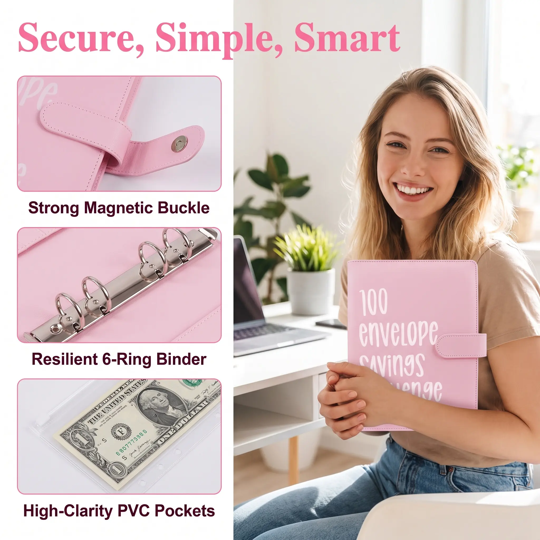 100 Envelopes Money Saving Challenge - A5 Money Saver Budget Binder Book with Cash Envelopes and Numbers, 100-Days of Easy and Funny Ways to Save $5,050 Cash Envelope Challenge Binder, Pink-YY2