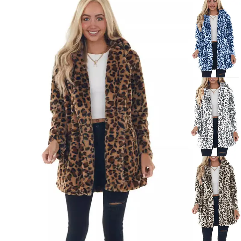Women's Autumn-Winter Leopard Print Imitation Fur Coat, Loose Fluffy Style with Pockets, Fashionable Temperament Design