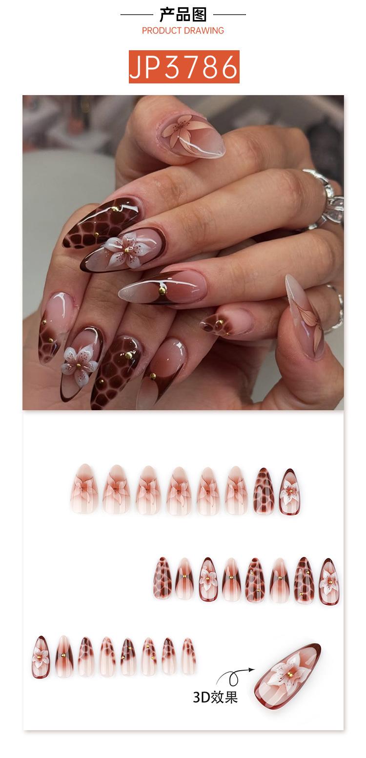 European and American Hot-Selling Marble Crack Wearable Nails Medium Short Almond Fake Nails 3D Flower Wearable Nail Tips Wholesale